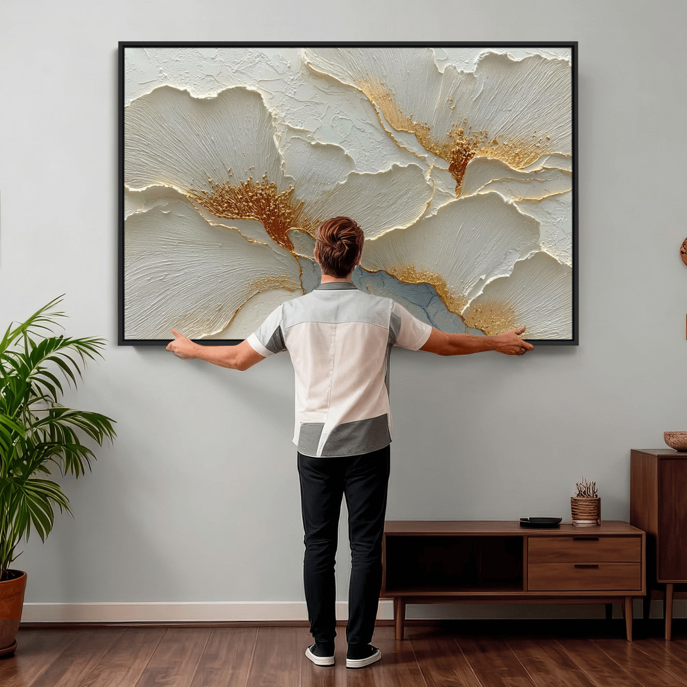 4712069F1-MGV-CV-36X24 - White Gold Floral Canvas Wall Art — Textured Flower Print | Luxury Botanical Decor | Elegant Bedroom Art | Gold Leaf Wall Art Gift