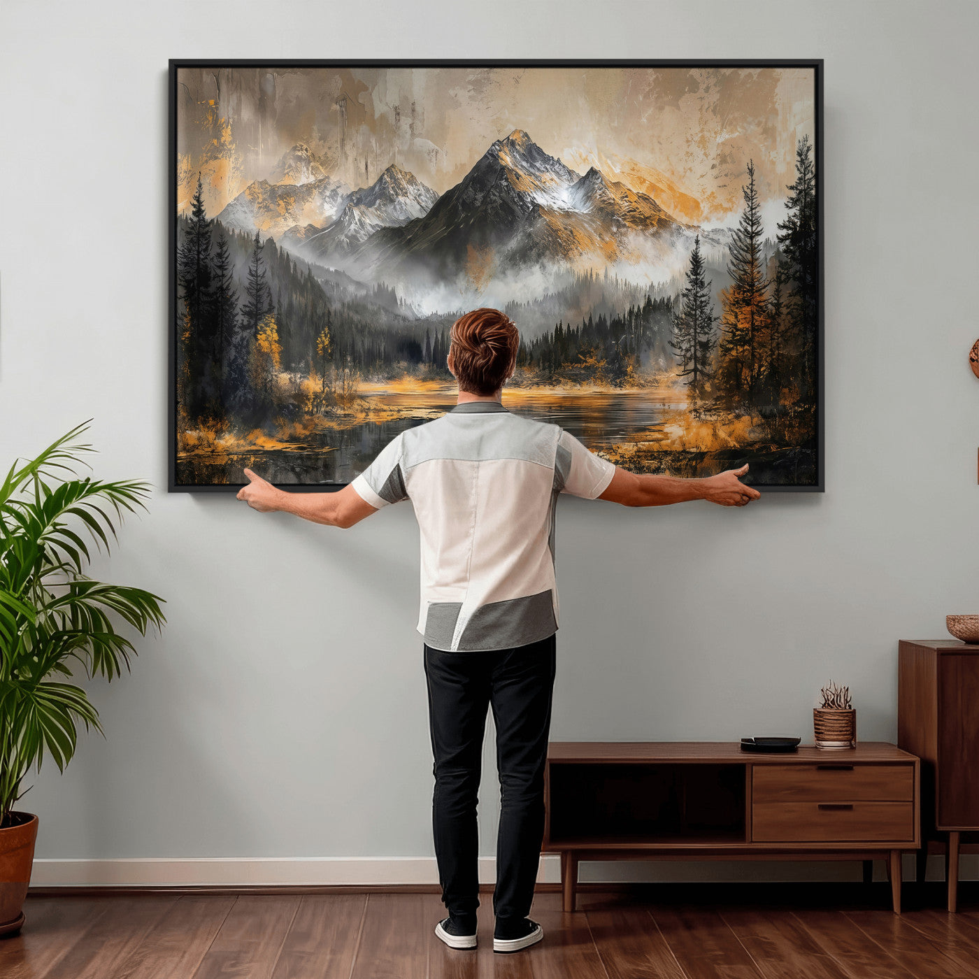 4712069D1-MGV-CV-36X24 - Mountain Lake Canvas Wall Art — Rustic Forest Landscape Print | Gold Grey Nature Decor | Cabin Wall Art | Large Wilderness Art Print Gift