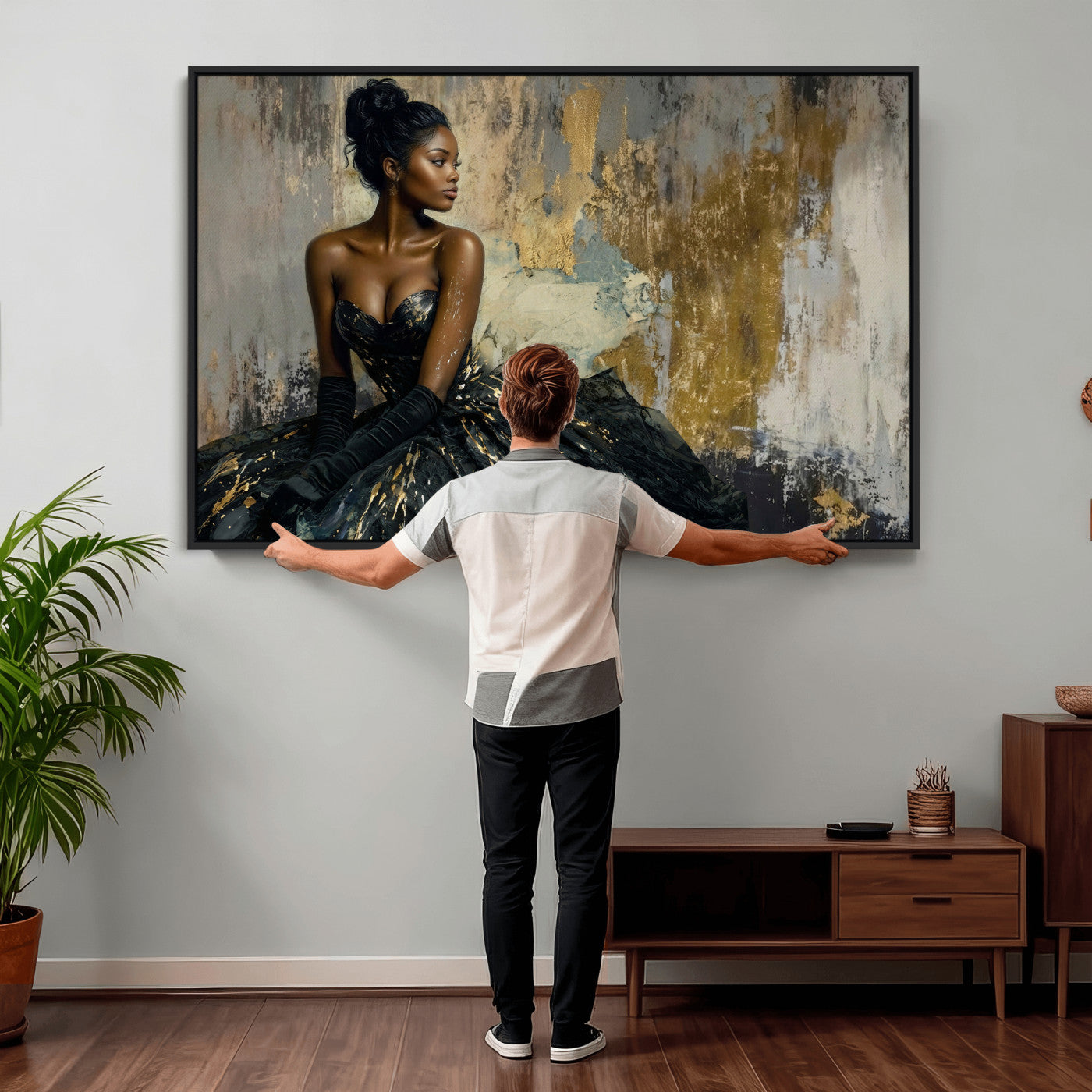 4712069Z1-MGV-CV-36X24 - Elegant Woman Canvas Wall Art — Black Gold Gown Fashion Print | Luxury Glam Wall Decor | African American Art | Bold Bedroom Wall Art Gift