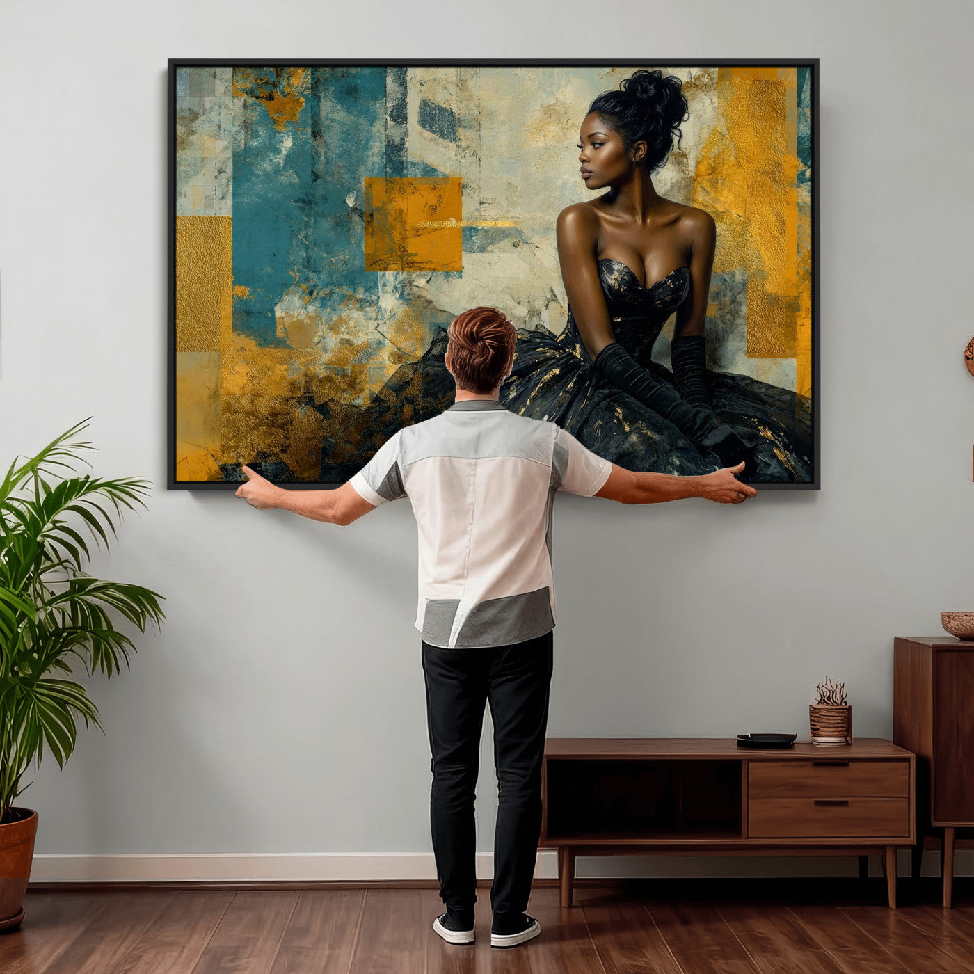 4712069Z21-MGV-CV-36X24 - Elegant Woman Canvas Wall Art — Black Gold Gown Fashion Print | Luxury Glam Wall Decor | African American Art | Bold Bedroom Wall Art Gift