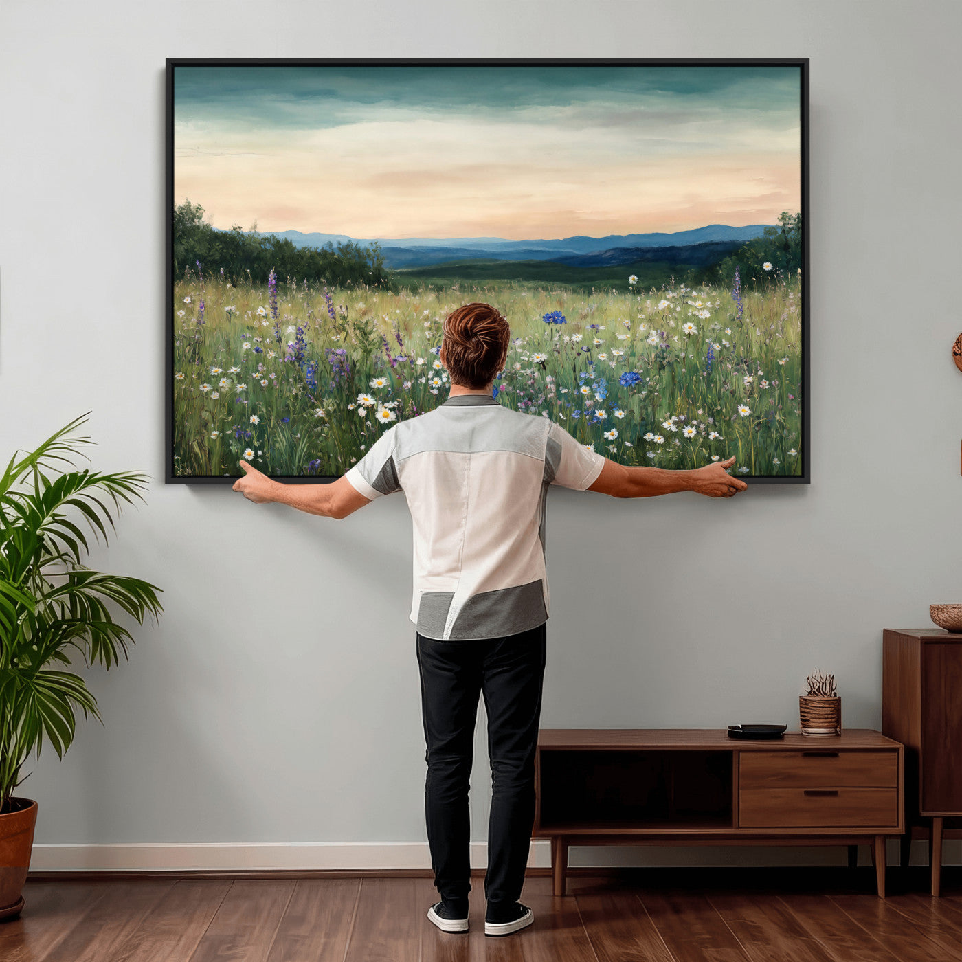 35773805-MGV-CV-36X24 - Wildflower Meadow Oil Painting Canvas Print - Daisy Lavender Mountain Sunset Print | Cottagecore Floral Wall Art - Bedroom Decor Gift for Her