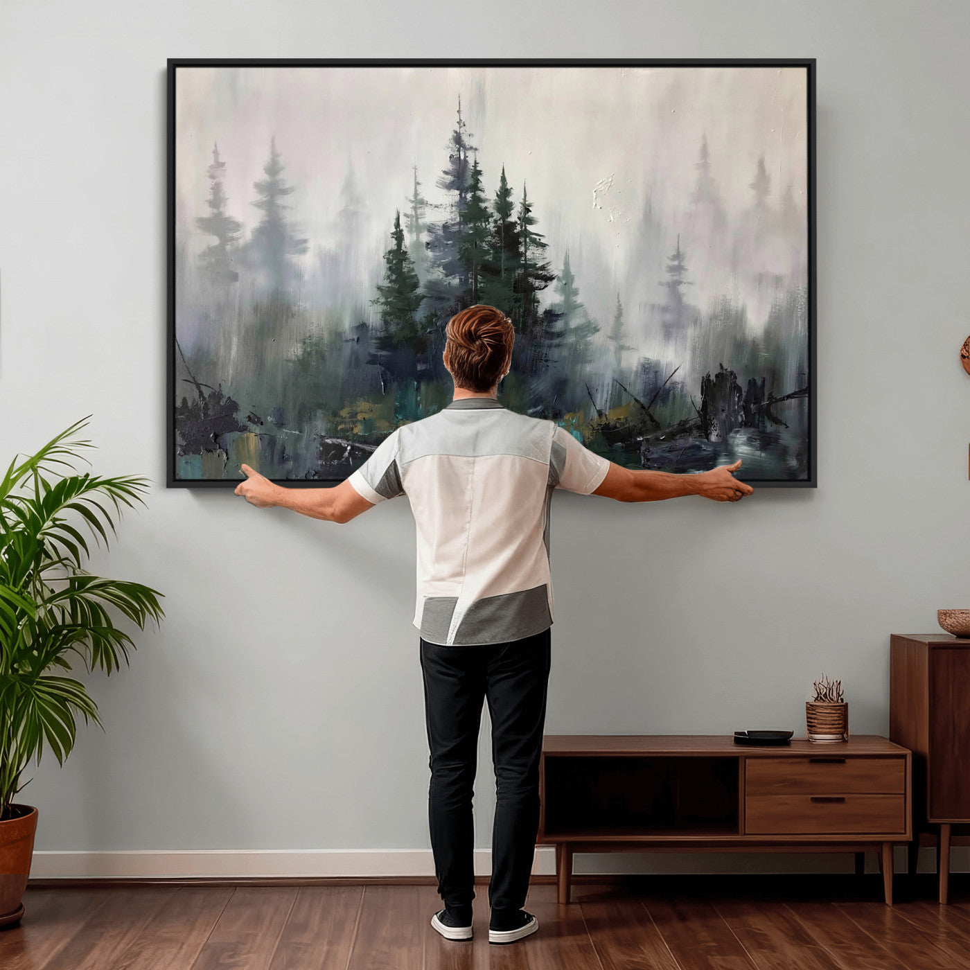 94143325-MGV-CV-36X24 - Misty Pine Forest Oil Painting Canvas — Dark Moody Teal Grey Tree Print | Japandi Scandinavian Wall Art | Minimalist Nature Decor Gift