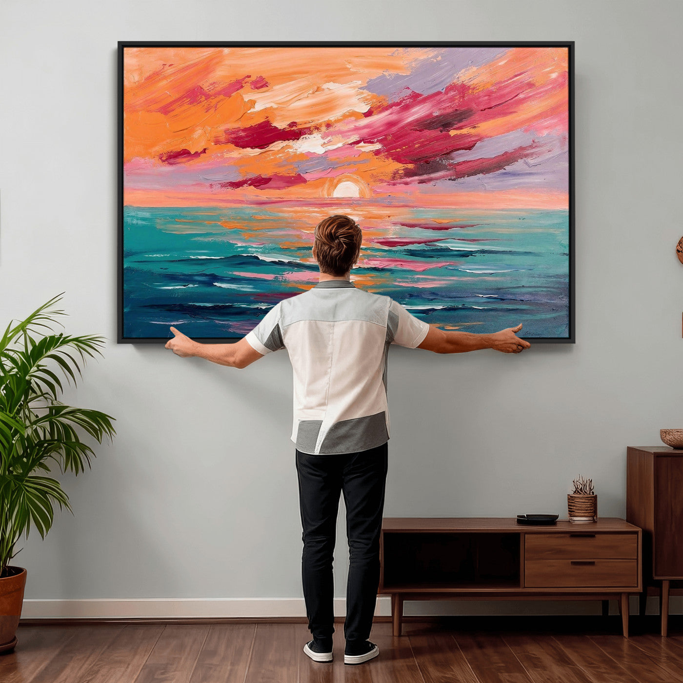 26763902-MGV-CV-36X24 - Bold Palette Knife Ocean Sunset Canvas — Orange Pink Teal Expressionist Sea Print | Colorful Coastal Wall Art | Vibrant Beach Decor Gift