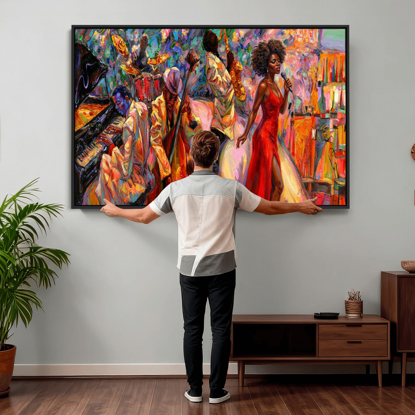 72615137-MGV-CV-36X24 - African American Jazz Singer Canvas Art - Red Dress Black Woman Music Print | Colorful Jazz Band Wall Decor | Living Room Gift for Her