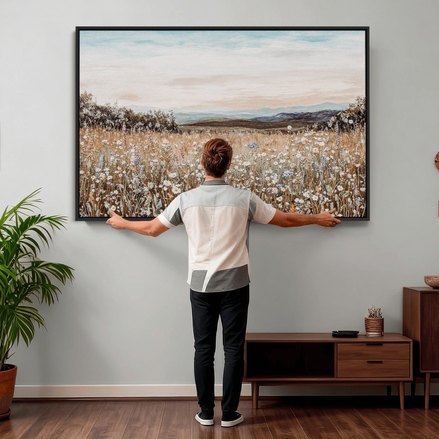 F35773805-MGV-CV-36X24 - Neutral Wildflower Field Canvas Wall Art — Beige Earth Tone Botanical Meadow Print | Farmhouse Boho Decor | Bedroom Living Room Gift Her