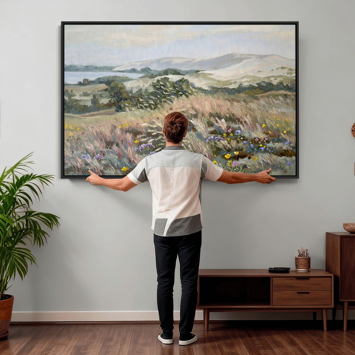 18013232-MGV-CV-36X24 - Katie Staples Hillside Canvas Wall Art — Coastal Wildflower Dune Oil Painting Print | Muted Green Nature Decor | Plein Air Landscape Gift