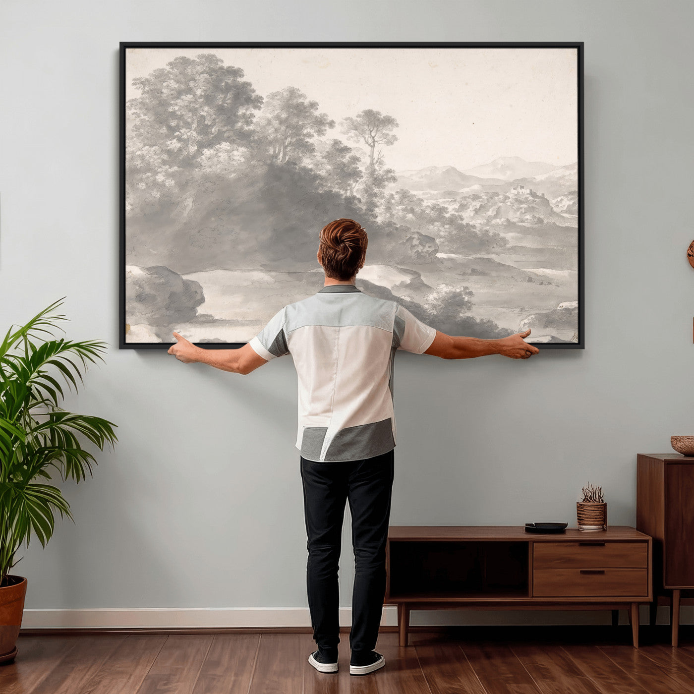 33041209-MGV-CV-36X24 - Van Poelenburch Landscape Canvas Wall Art — Dutch Golden Age Gray Wash Drawing Print | Baroque Italianate Nature Decor | Old Master Classic Gift