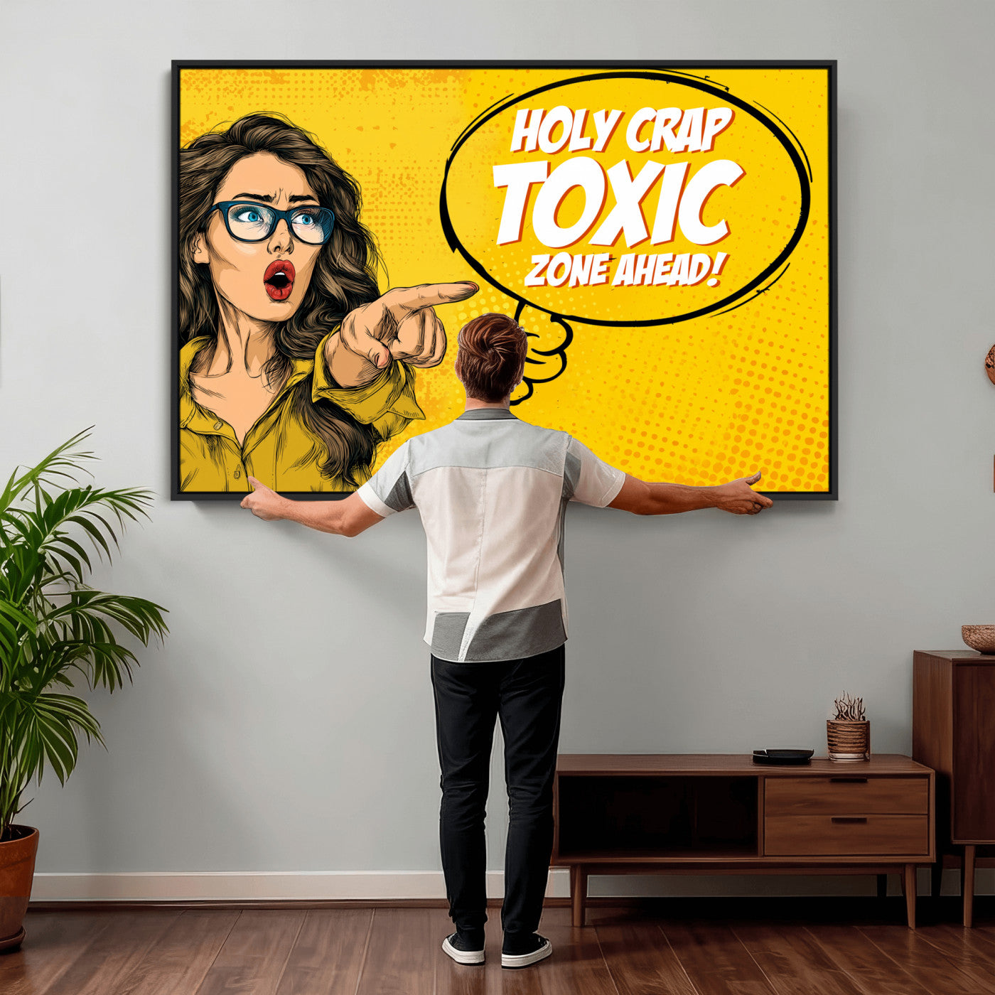 79751885-MGV-CV-36X24 - Pop Art Print Bathroom Sign Wall Art Canvas Print — Funny Bathroom Canvas | Comic Style Toilet Wall Decor | Humor Gift | Yellow Bold Bathroom Art