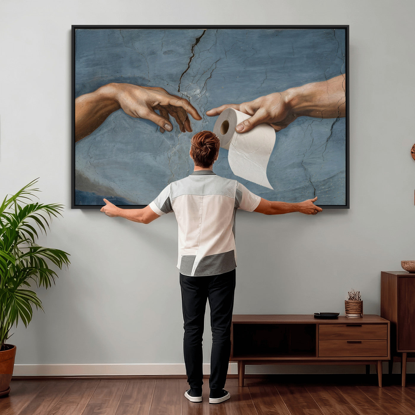 42648143-MGV-CV-36X24 - Funny Bathroom Canvas Wall Art, Michelangelo Creation of Adam Toilet Paper Parody, Renaissance Humor Print, Quirky Housewarming Gift, Toilet Room Decor