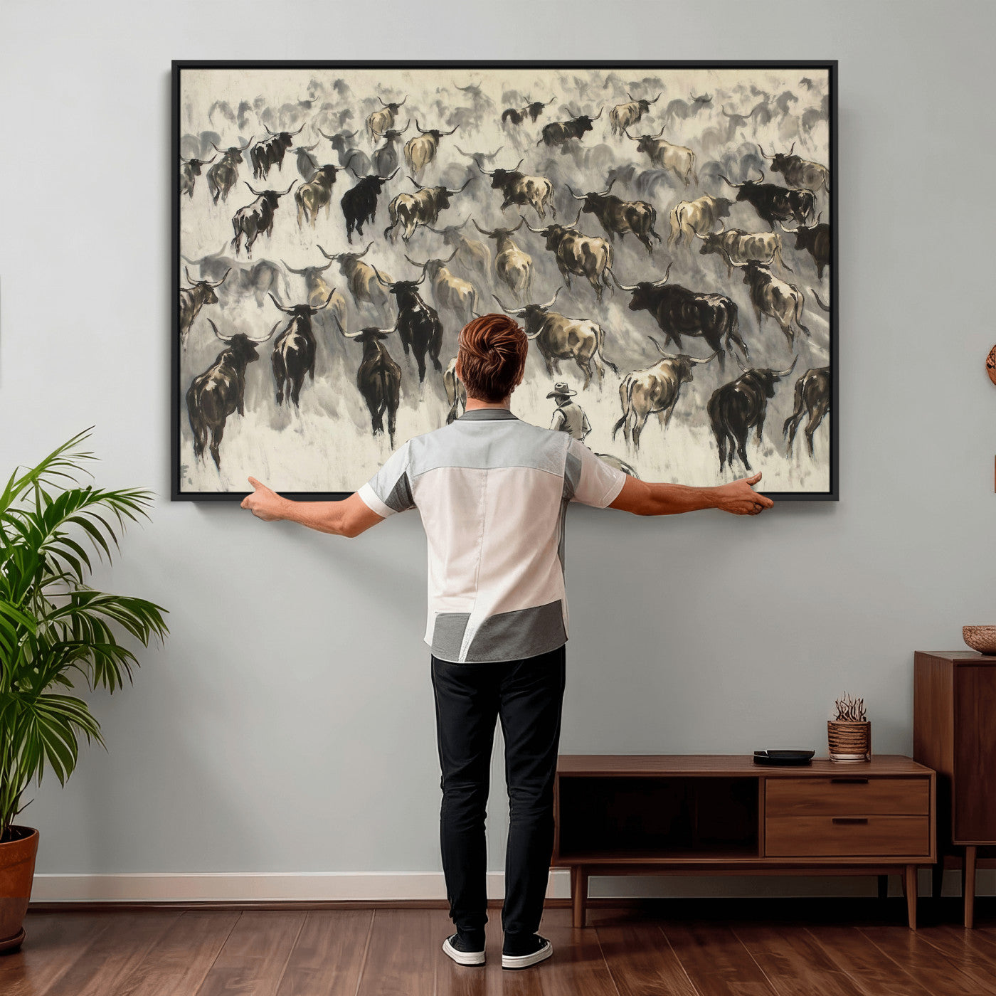 48049876-MGV-CV-36X24 - Cowboy Cattle Drive Canvas Wall Art, Western Longhorn Herd Ink Painting Print, Ranch Rodeo Decor, Black White Western Art, Large Living Room Art