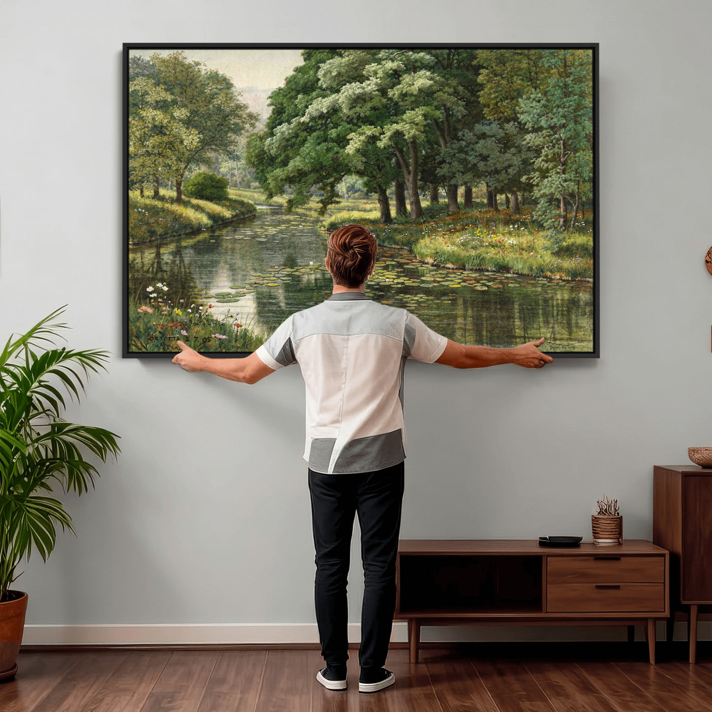 44288560-MGV-CV-36X24 - Forest Stream Canvas Wall Art, Peder Monsted A Forest Stream 1905 Print, Danish Realist Landscape, Lily Pad River Nature Decor, Vintage Green Painting
