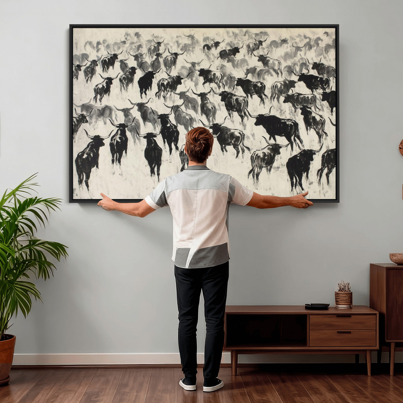 68669792-MGV-CV-36X24 - Longhorn Cattle Canvas Wall Art, Black White Stampede Ink Painting Print, Western Farmhouse Decor, Bull Herd Art, Large Living Room Wall Art, Ranch Home Decor