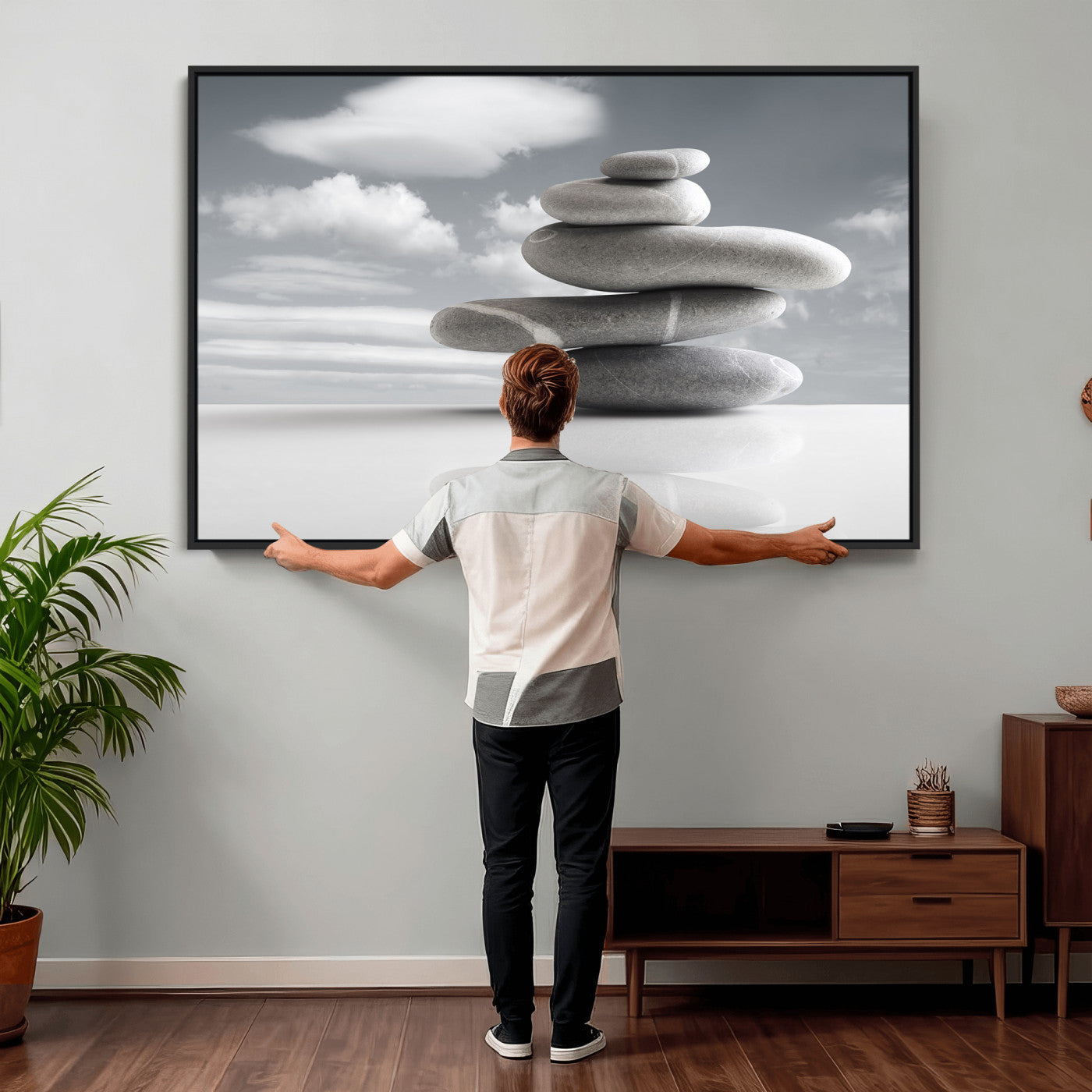 86426188-MGV-CV-36X24 - Zen Stone Wall Art Canvas Print, Balanced Rock Stack Framed Spa Artwork, Minimalist Meditation Decor for Living Room Bedroom Office Bathroom