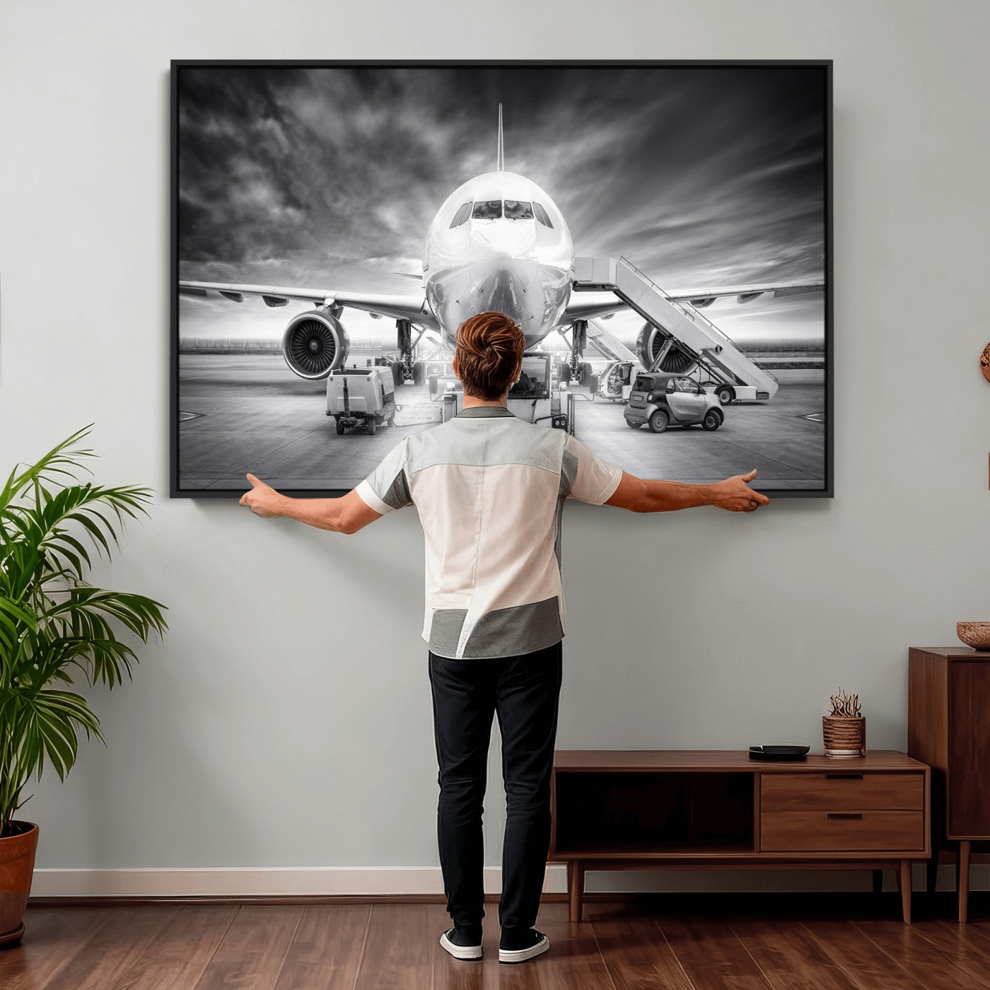85885848-MGV-CV-36X24 - Airplane Wall Art Canvas Print, Black and White Jet Aircraft Airport Runway Framed Aviation Artwork for Pilot Office Hangar Travel Decor
