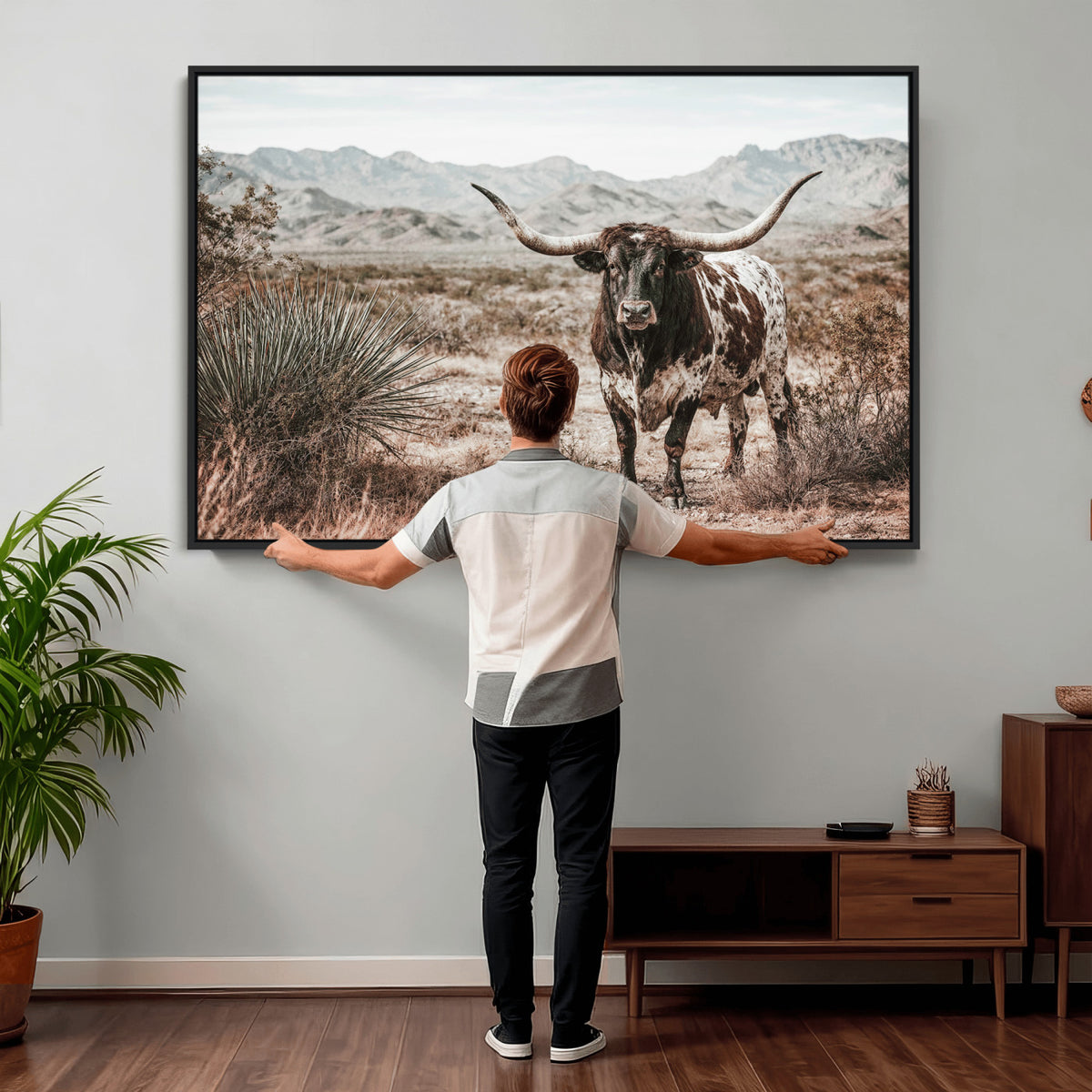17622011H-MGV-CV-36X24 - Texas Longhorn Bull Wall Art Canvas Print, Western Farmhouse Cowboy Decor, Rustic Texas Ranch Cattle Artwork for Living Room Bedroom Office, Framed Wall Decor