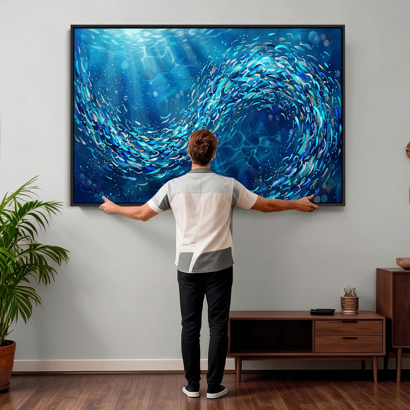54535639-MGV-CV-36X24 - School of Fish Canvas Print | Blue Ocean Underwater Wall Art | Swirling Fish Shoal Illustration | Marine Navy Coastal Decor
