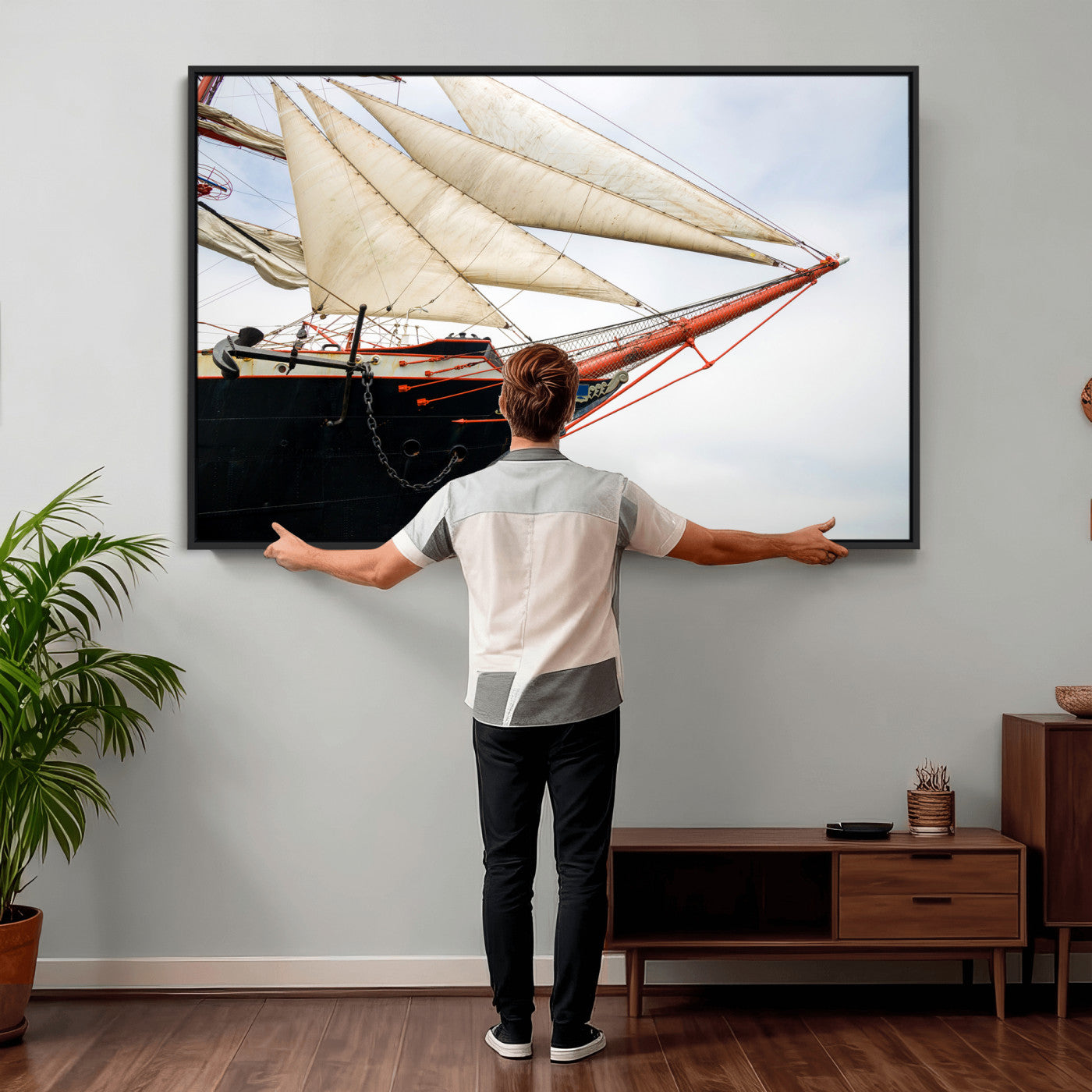 64830036-MGV-CV-36X24 - Sailboat Wall Art Canvas Print, Vintage Ship Bow Framed Artwork, Nautical Sailing Decor for Living Room Office Beach House