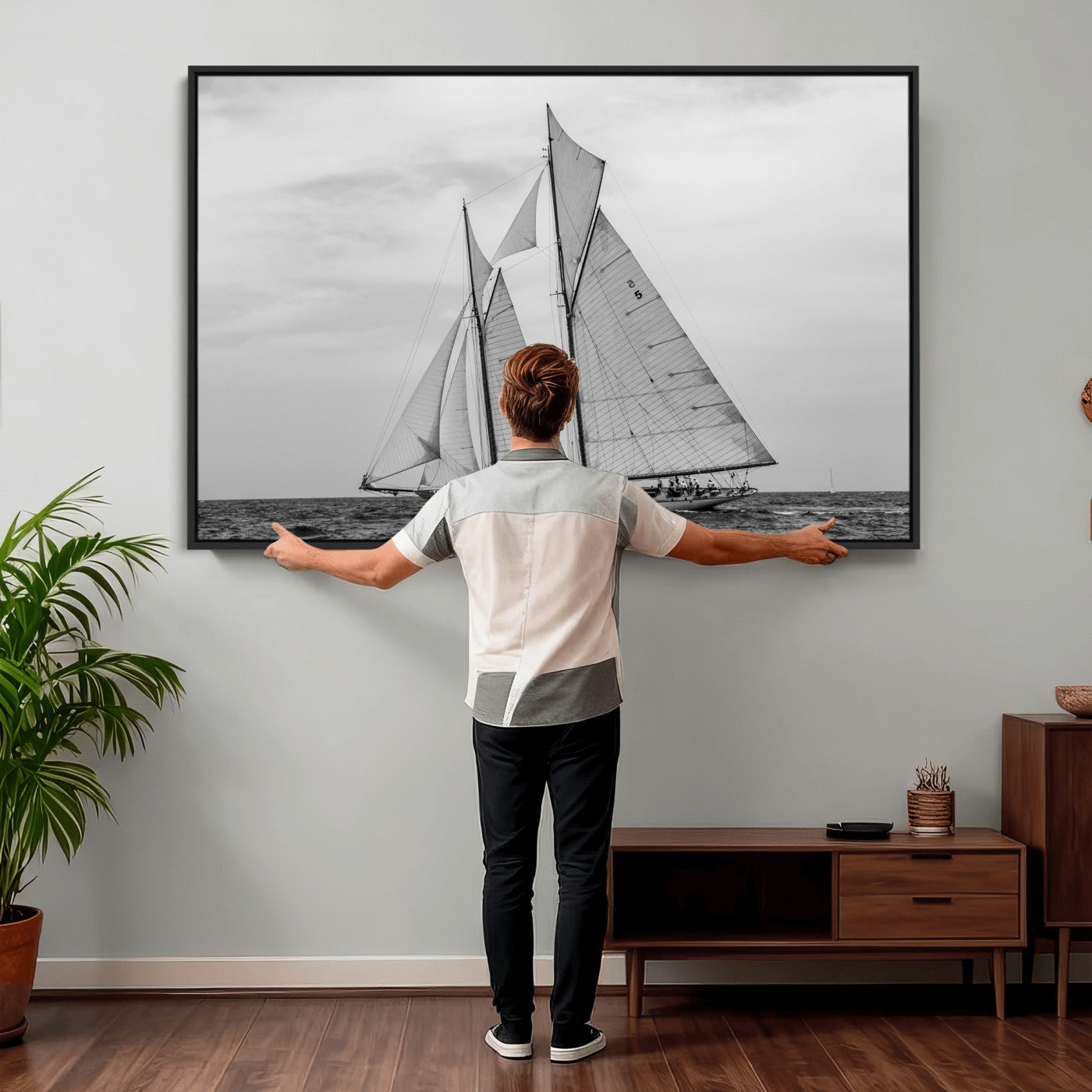 52882918-MGV-CV-36X24 - Vintage Sailboat Wall Art Canvas Print, Black and White Schooner Framed Artwork, Nautical Ocean Sailing Decor for Living Room Office Beach House