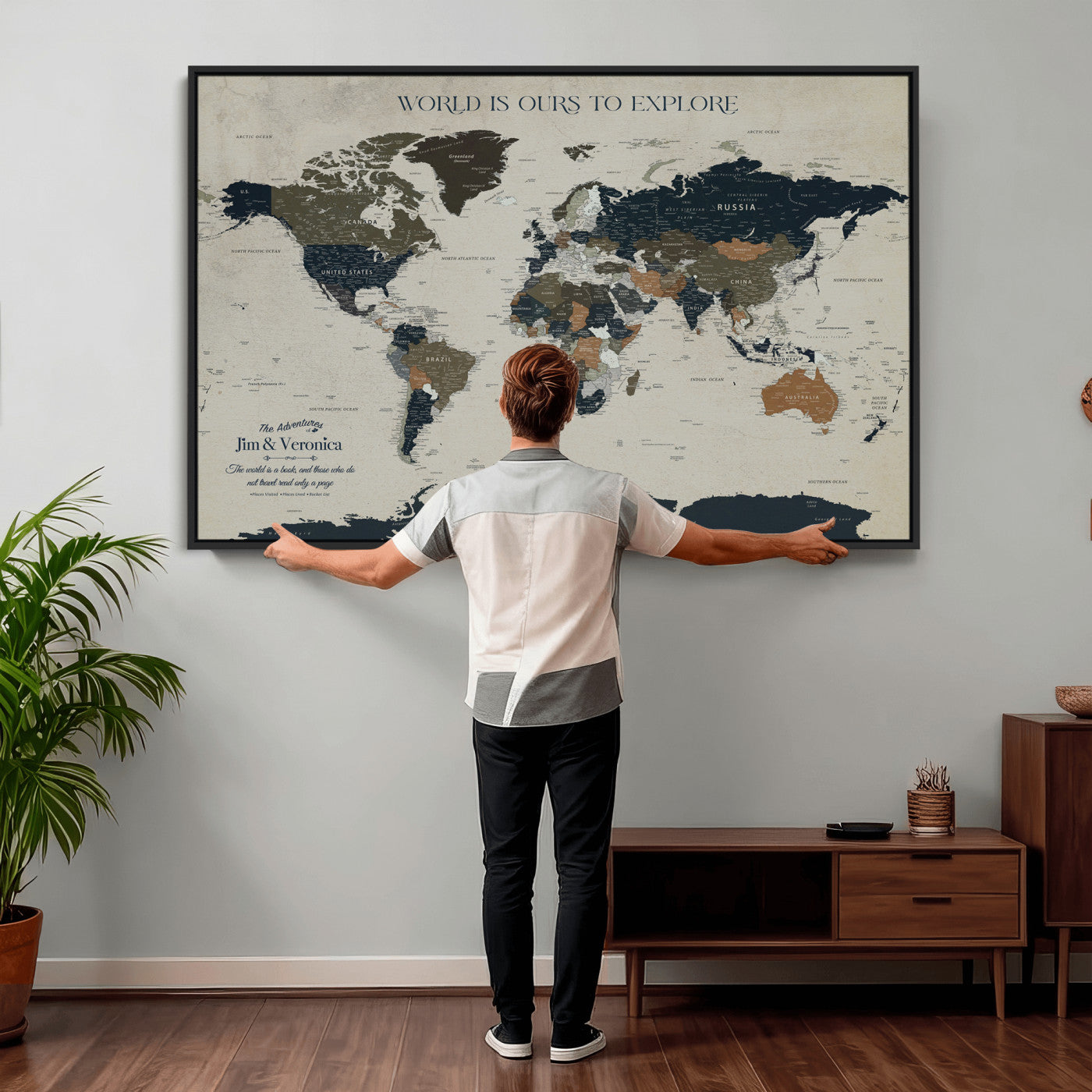 64110391126C-MGV-CV-36X24 - Custom Push Pin World Map Wall Art Canvas Print – Personalized Travel Tracker with Pins Framed Large for Home and Office Decor
