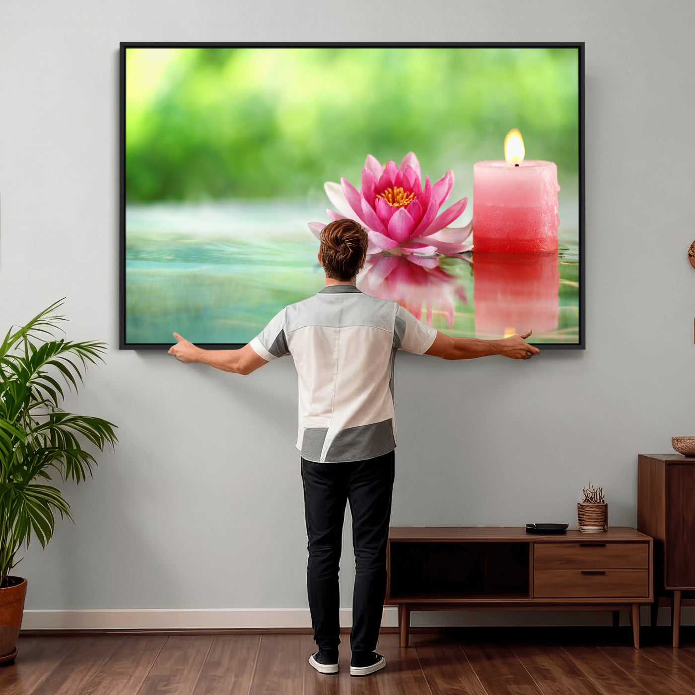 17661715-MGV-CV-36X24 - Zen Lotus Candle Canvas Wall Art Pink Spa Meditation Relaxation Green Bokeh Framed Large for Bathroom Bedroom Living Room Office Decor
