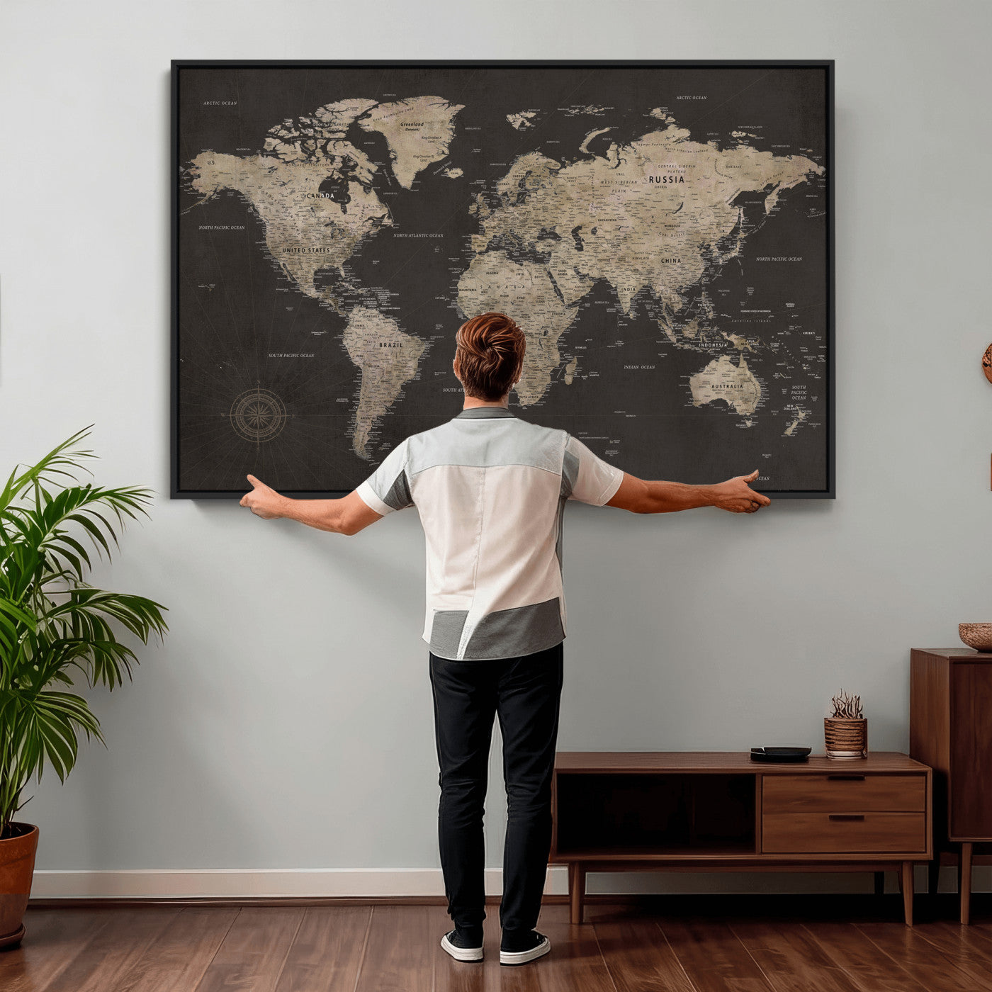 56556018136-MGV-CV-36X24 - World Map Canvas Wall Art Dark Charcoal Antique Tan Detailed Every Country Labeled Framed Large for Home Office Living Room Bedroom Decor