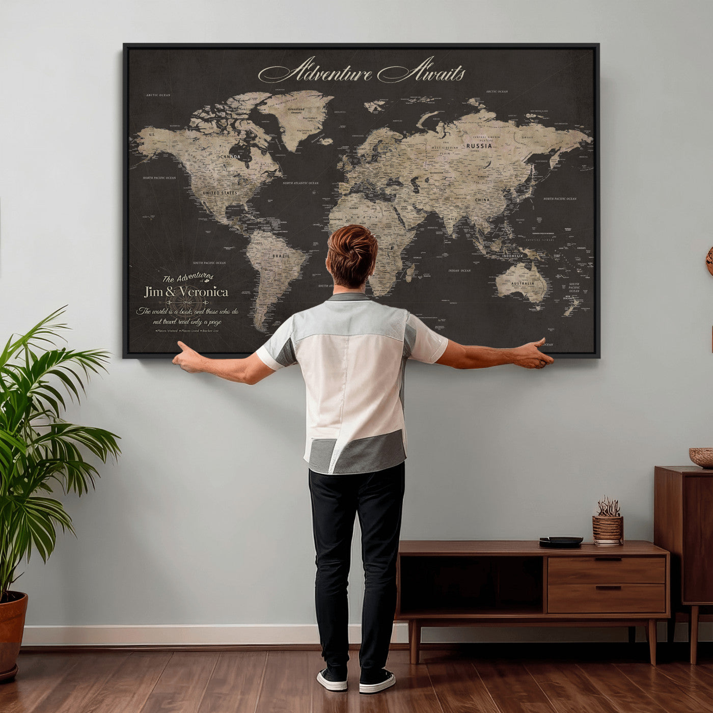 56556018136C-MGV-CV-36X24 - Custom World Map with Pins Canvas Wall Art Dark Charcoal Antique Tan Detailed Every Country Labeled Framed Large for Home Office Living Room Bedroom Decor