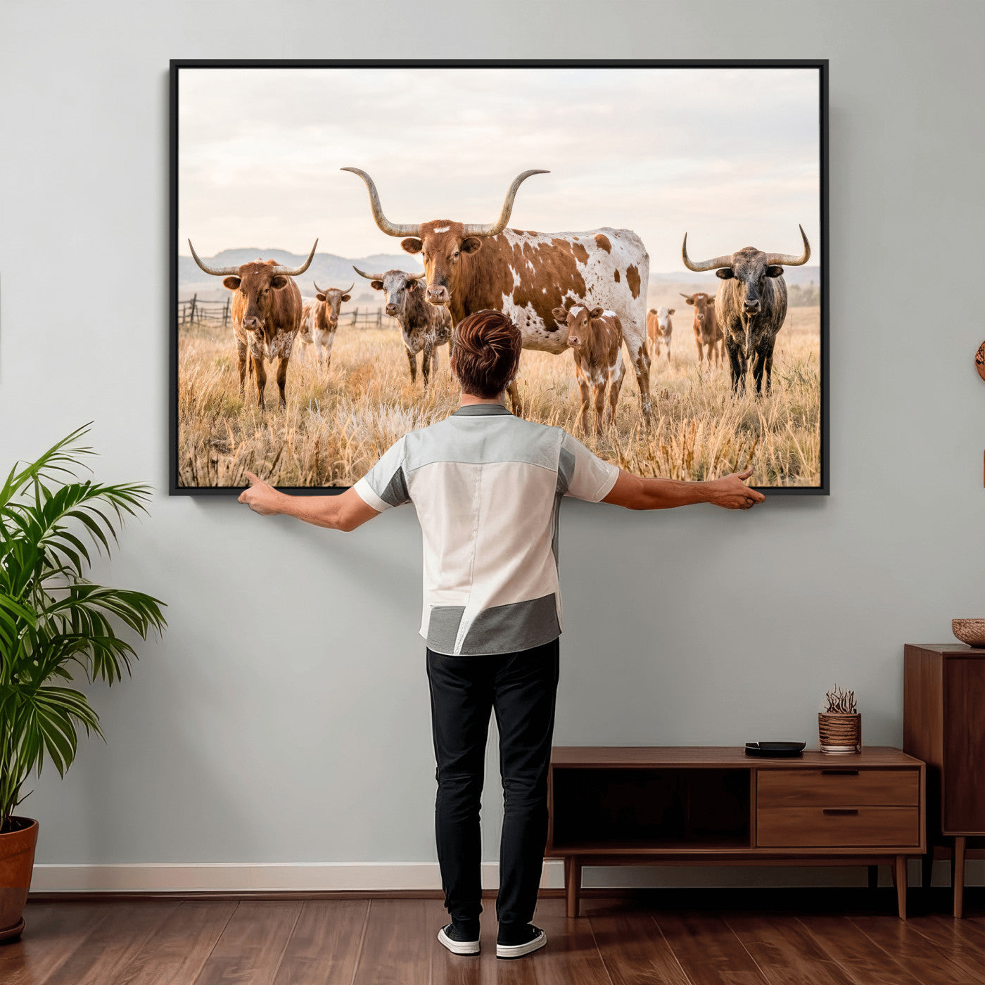 62336425AC-MGV-CV-36X24 - Texas Longhorn Canvas Wall Art, Rustic Farm Animal Photography Print, Farmhouse Country Decor, Western Ranch Art