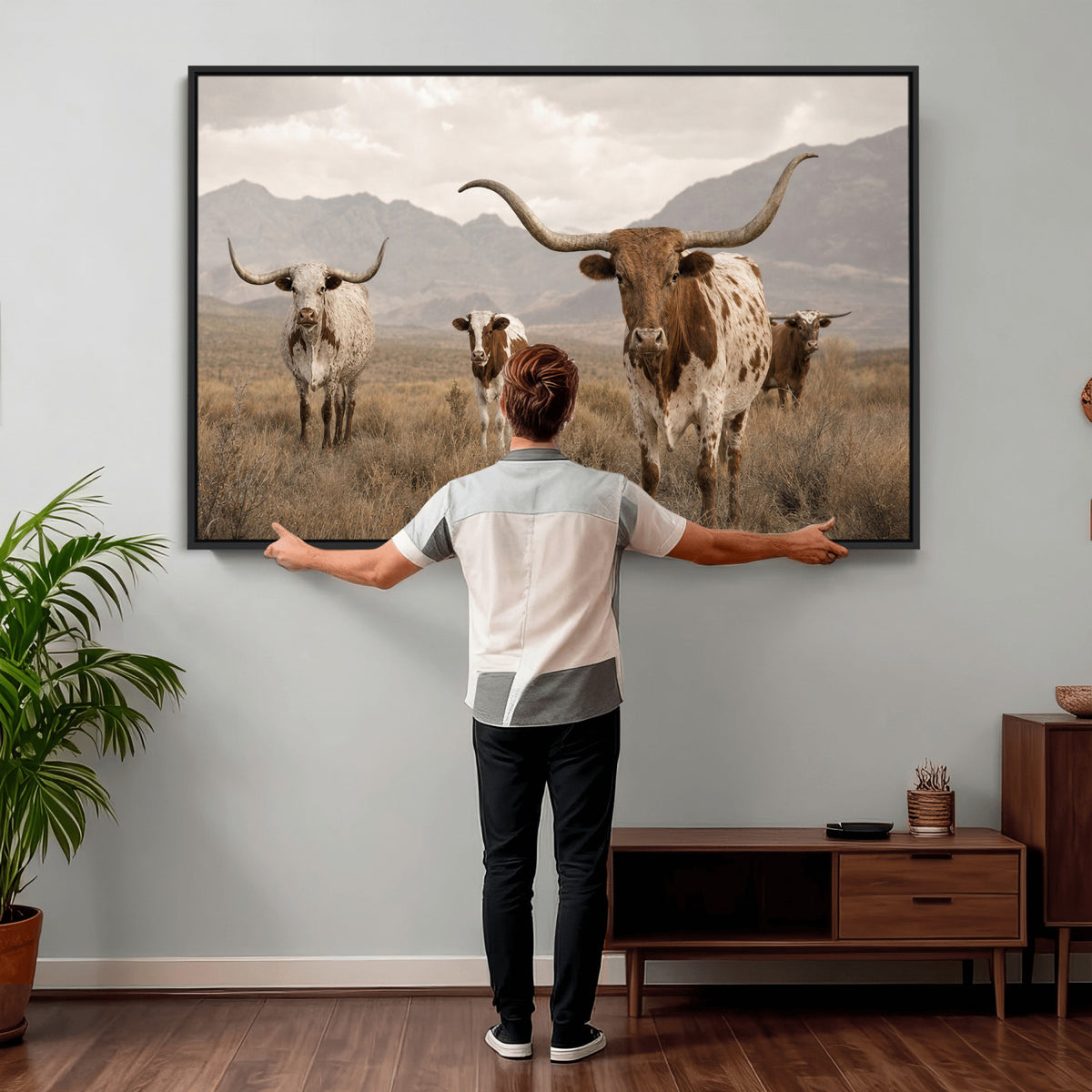 62336425AD-MGV-CV-36X24 - Rustic Texas Longhorn Cow Canvas Wall Art Print, Rustic Farm Animal Photography Print, Farmhouse Country Decor, Western Ranch Art