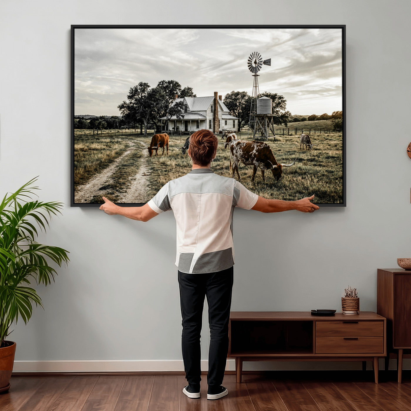 92429425-MGV-CV-36X24 - Texas Longhorn Ranch Wall Art Canvas Print, Rustic Western Farmhouse Decor, Country Landscape Canvas Wall Art, Vintage Cowboy Ranch Picture