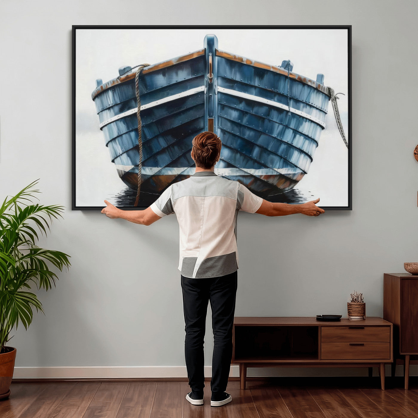 21601740-MGV-CV-36X24 - Blue Wooden Rowboat Canvas Wall Art, Coastal Nautical Boat Painting Print for Lake Beach House Decor, Minimalist Maritime Decor Artwork