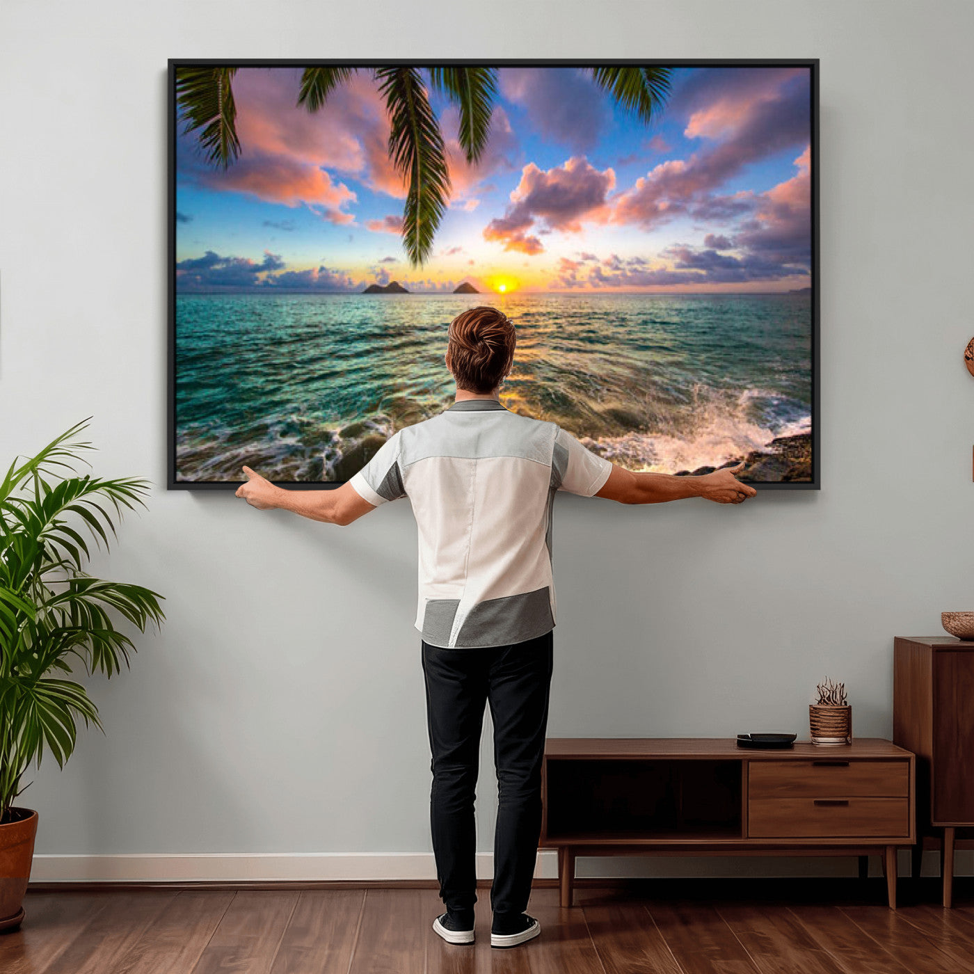 13207742-MGV-CV-36X24 - Hawaii Beach Sunset Canvas Wall Art Print, Tropical Ocean Landscape Artwork, Palm Tree Coastal Decor for Living Room Bedroom