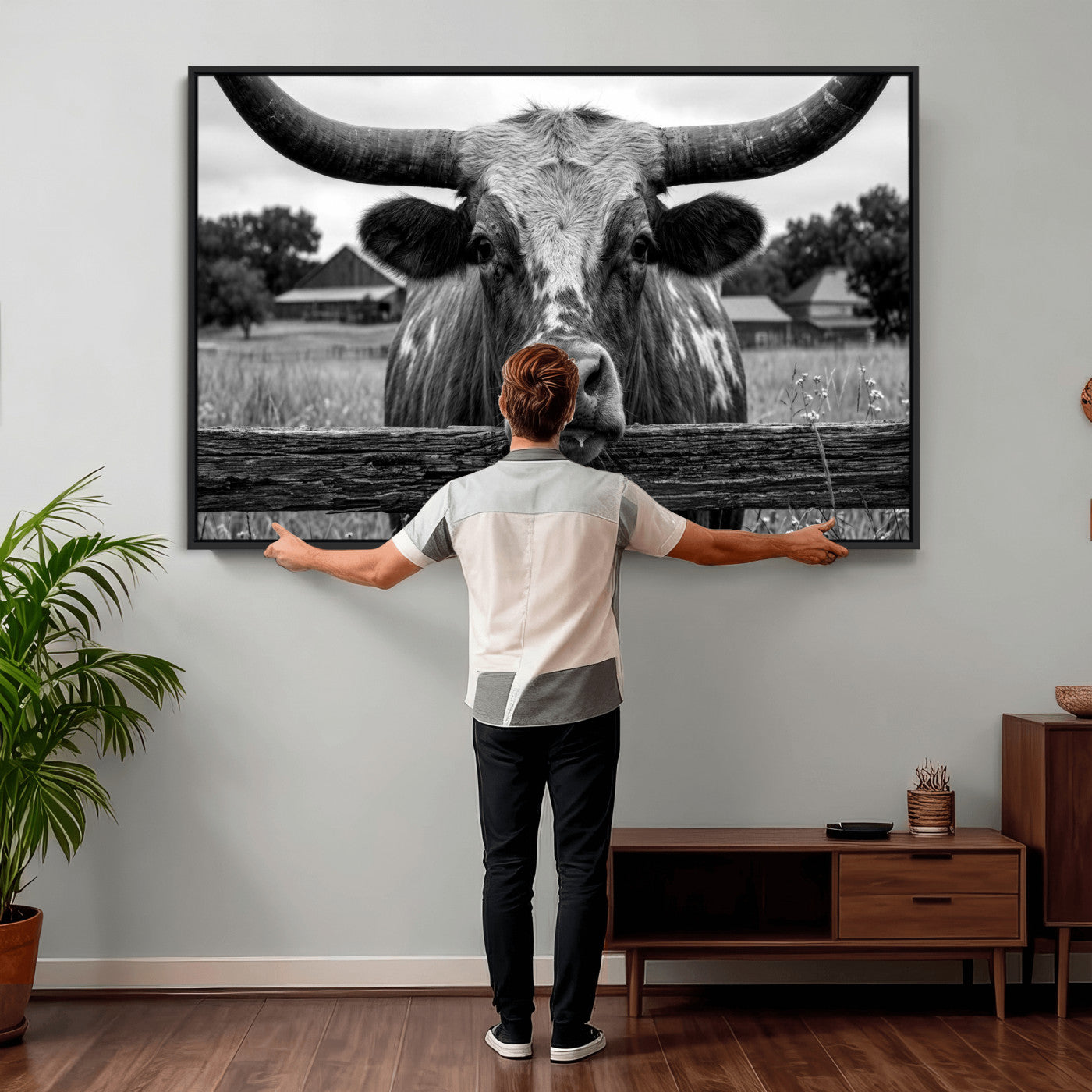 59378683B-MGV-CV-36X24 - Black White Texas Longhorn Bull Canvas Wall Art, Western Ranch Cattle Photography Print, Rustic Farmhouse Cowboy Decor Artwork