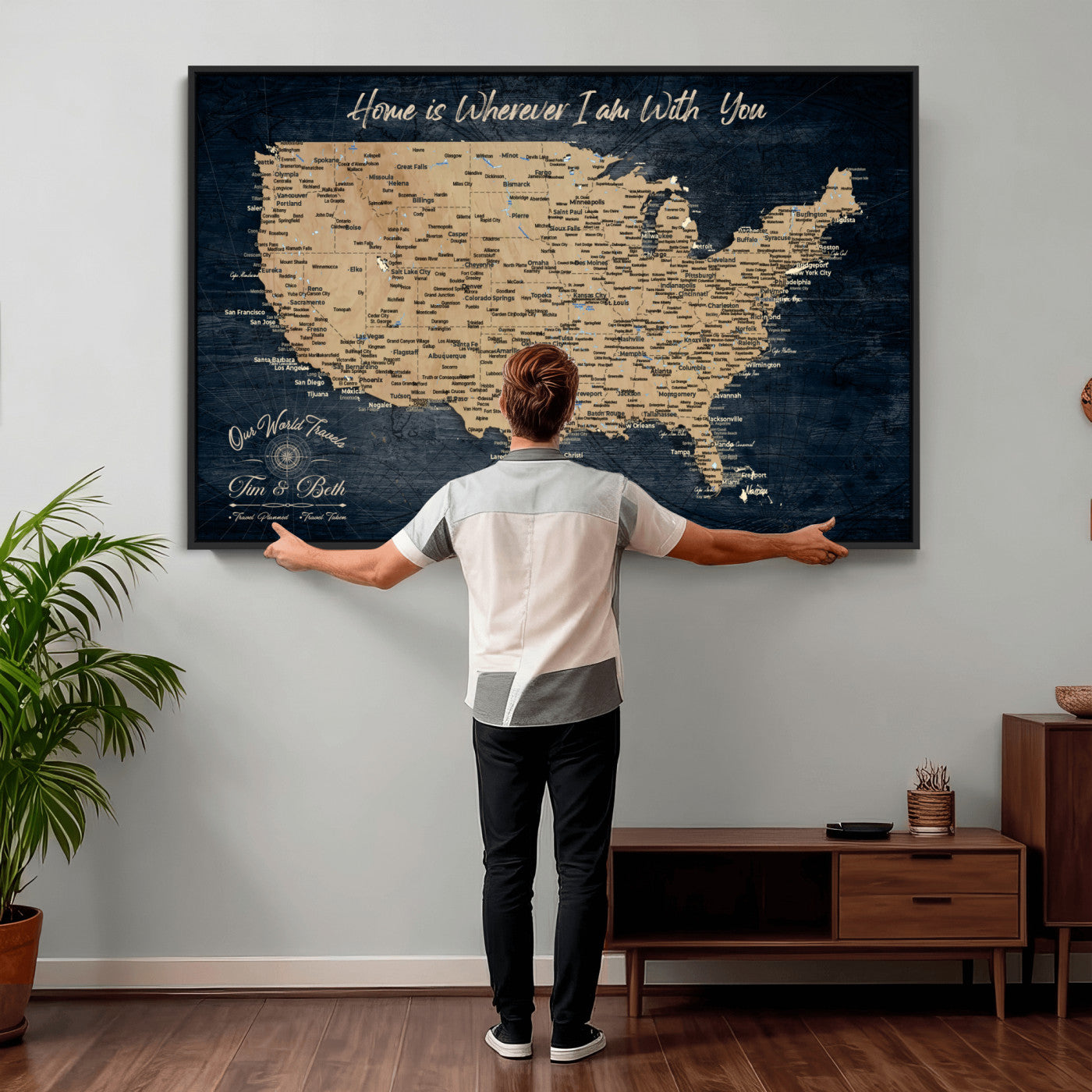 48467834-MGV-CV-36X24 - Custom Push Pin US Map Canvas | Personalized Travel Tracker | USA Cities Map Anniversary Gift for Couples | Adventure America Map Wall Art with Pins