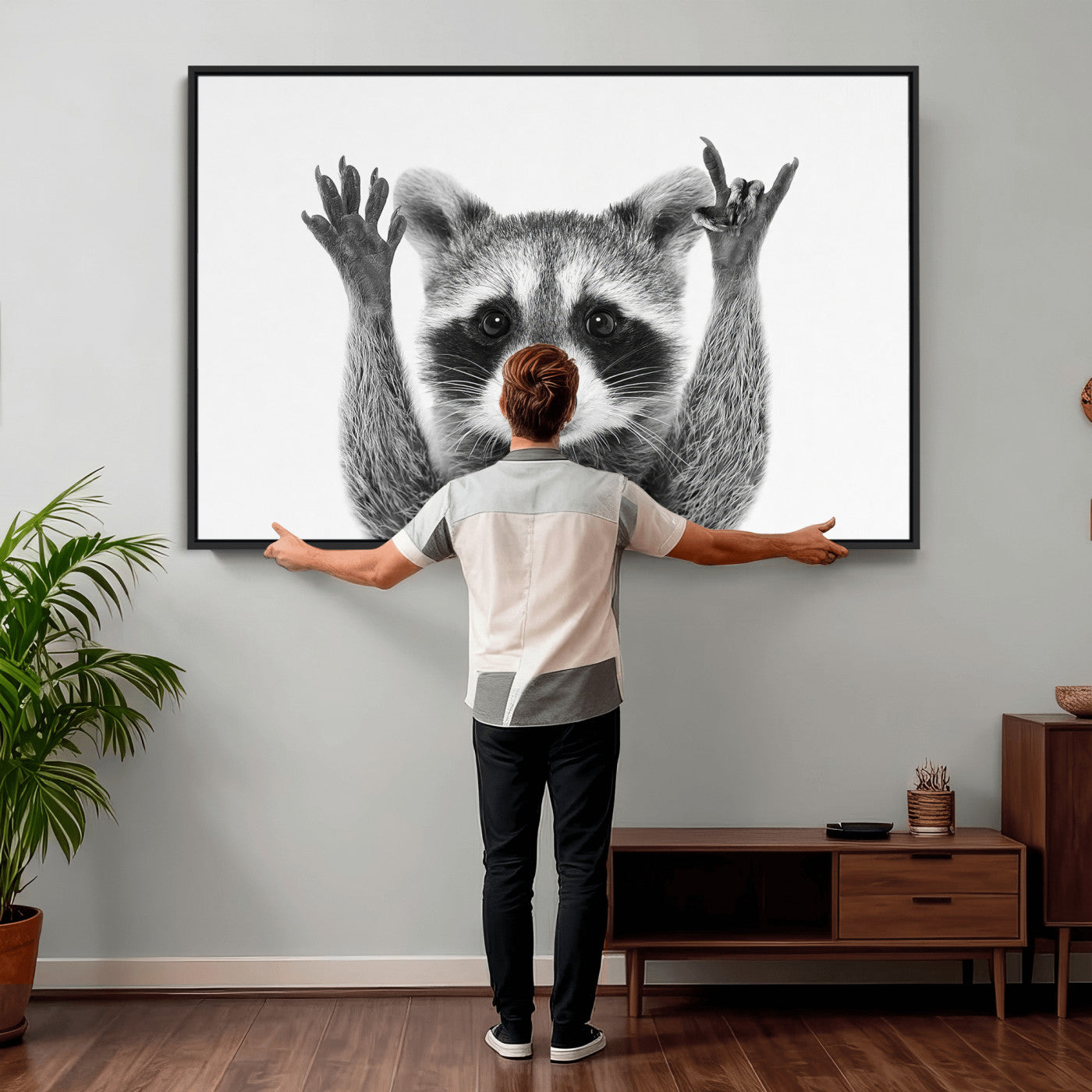 82392228-MGV-CV-36X24 - Funny Raccoon Canvas Wall Art, Black White Hands Up Animal Photo Print, Humorous Wildlife Decor, Kids Room Nursery Art, Quirky Animal Gift