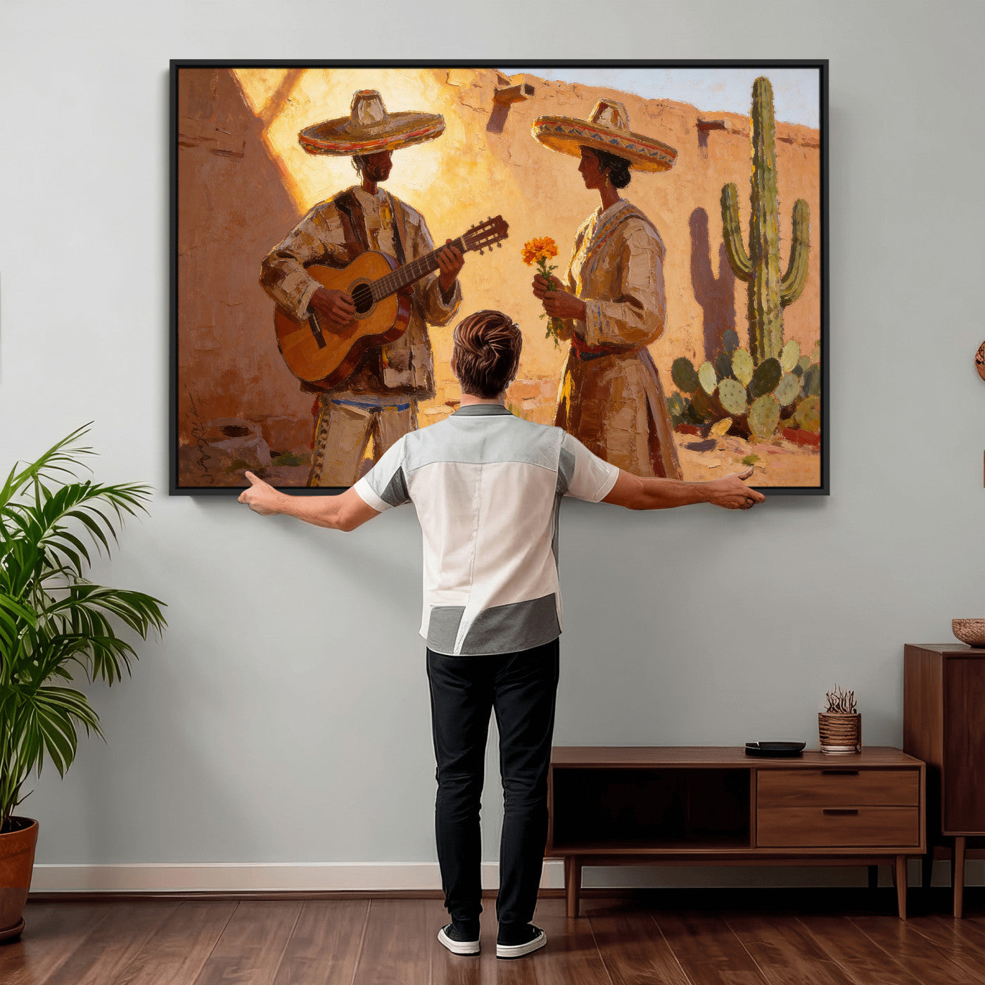 41849005-MGV-CV-36X24 - Mexican Couple Canvas Wall Art, Romantic Serenade Guitar Painting Print, Southwestern Desert Adobe Decor, Warm Golden Folk Art, Living Room Art