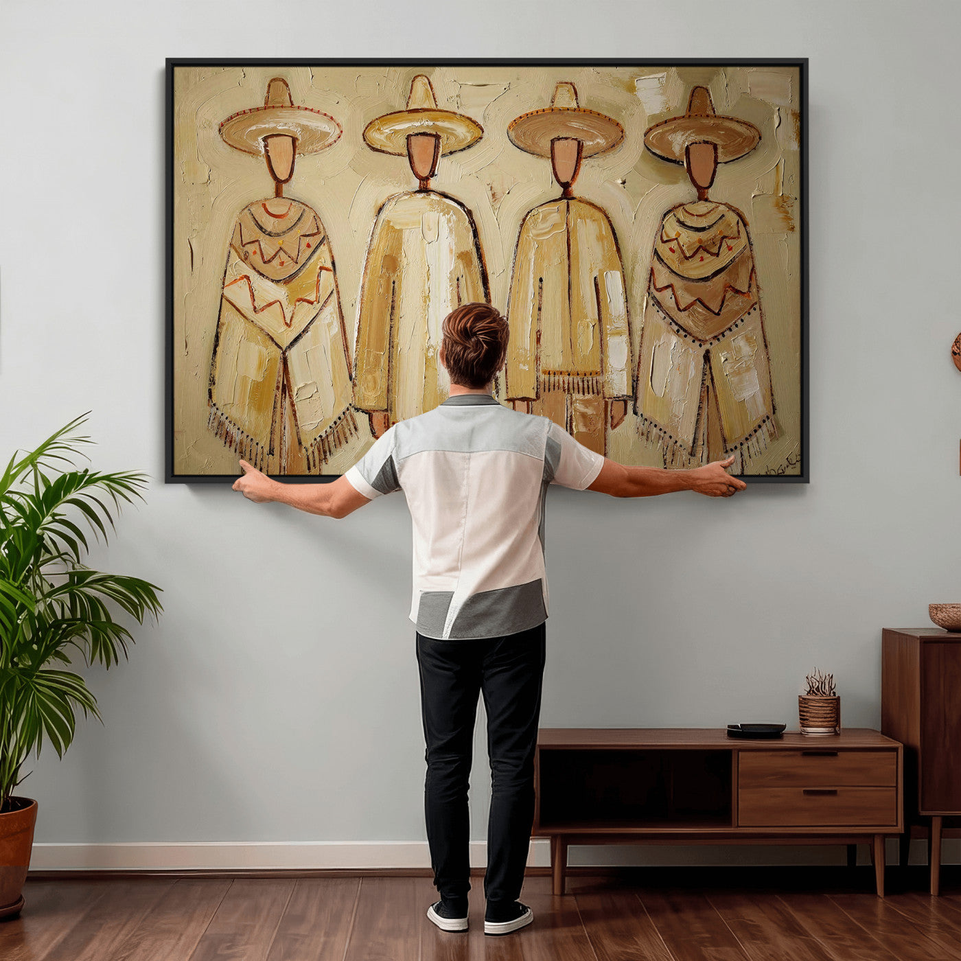46071653-MGV-CV-36X24 - Mexican Folk Art Canvas Wall Art, Charro Poncho Sombrero Painting Print, Neutral Beige Boho Decor, Southwestern Impasto Style, Living Room Art