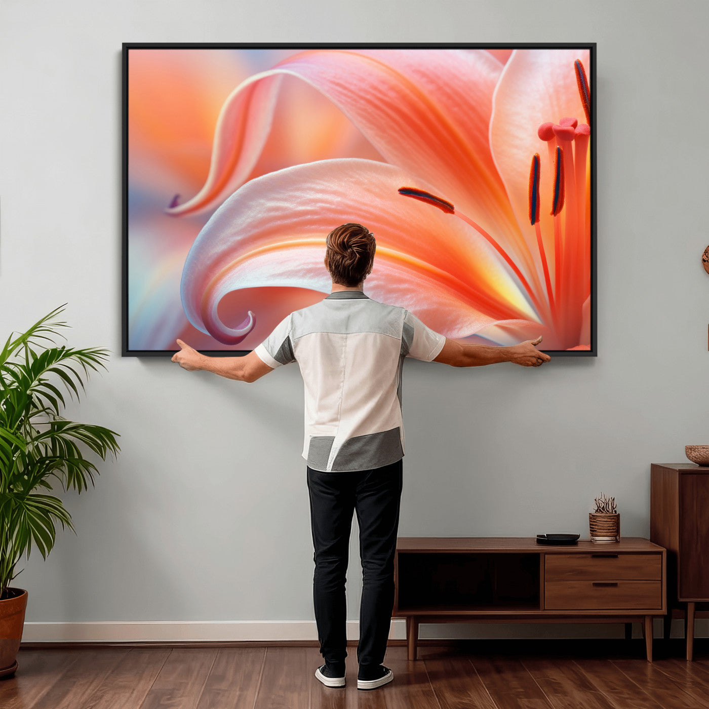 69566231-MGV-CV-36X24 - Peach Lily Canvas Wall Art, Coral Pink Flower Macro Photo Print, Botanical Bedroom Decor, Soft Floral Photography, Living Room Wall Art