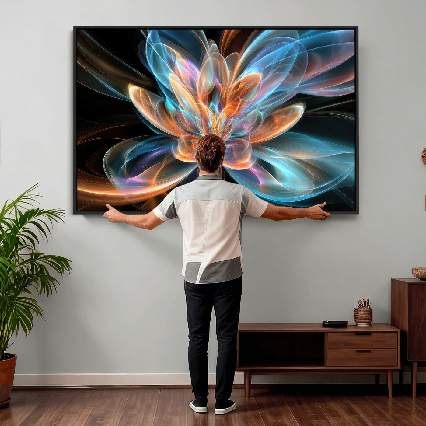 91902283-MGV-CV-36X24 - Fractal Lotus Canvas Wall Art, Blue Orange Glowing Flower Abstract Print, Modern Zen Meditation Room Decor, Ethereal Digital Art, Living Room