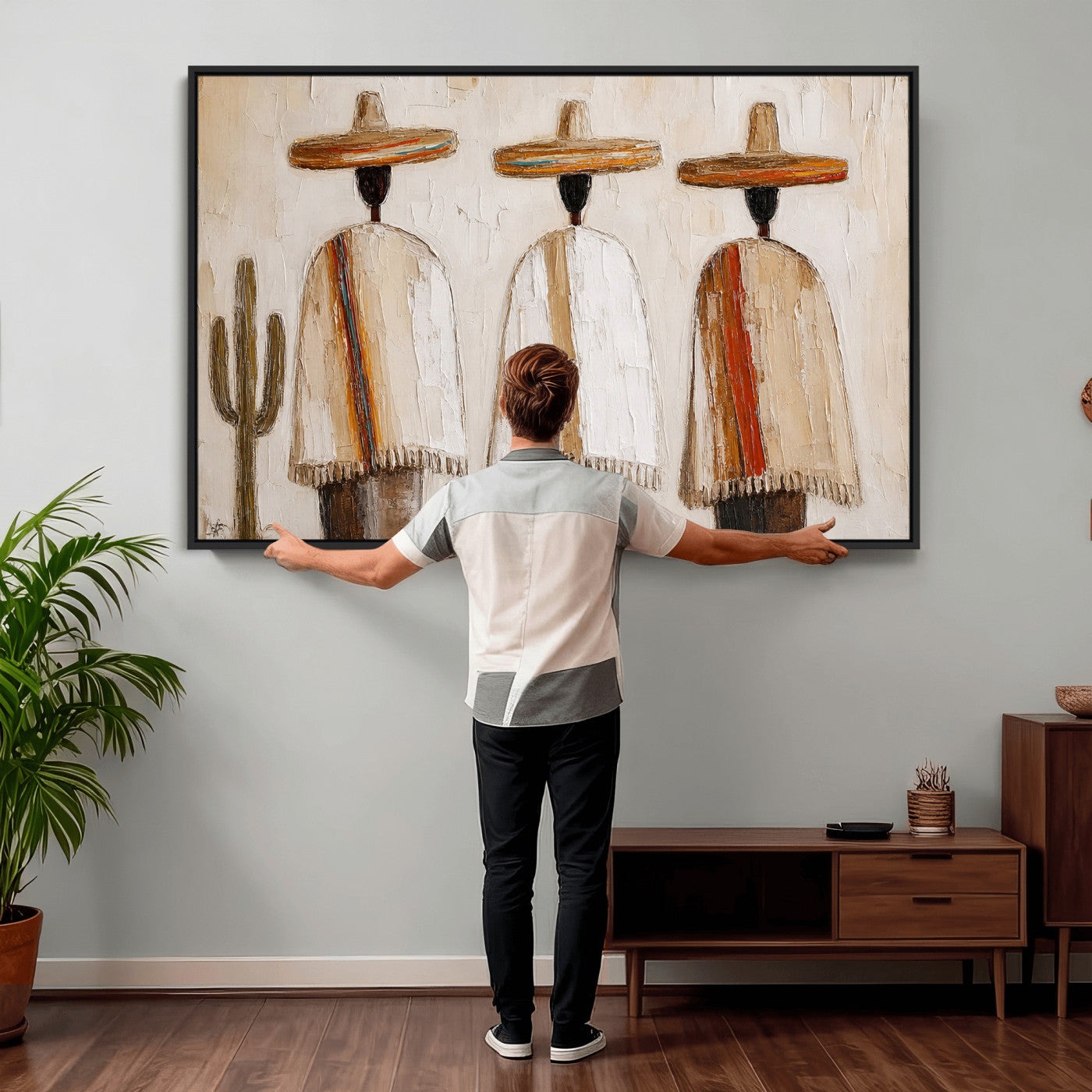 72884785-MGV-CV-36X24 - Mexican Folk Art Canvas Wall Art, Southwestern Sombrero Poncho Painting, Neutral Earthy Boho Decor, Fiesta Living Room Art, Impasto Style Print