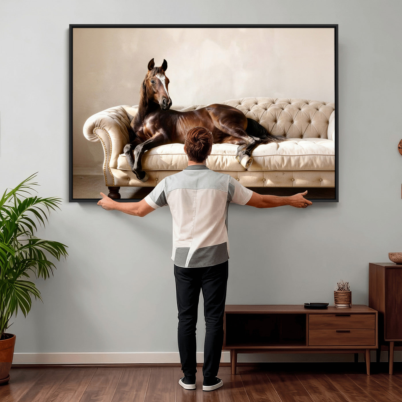 17716841-MGV-CV-36X24 - Funny Horse on Sofa Canvas Wall Art, Quirky Horse Lounging Photo Print, Whimsical Animal Decor, Living Room Conversation Art, Horse Lover Gift