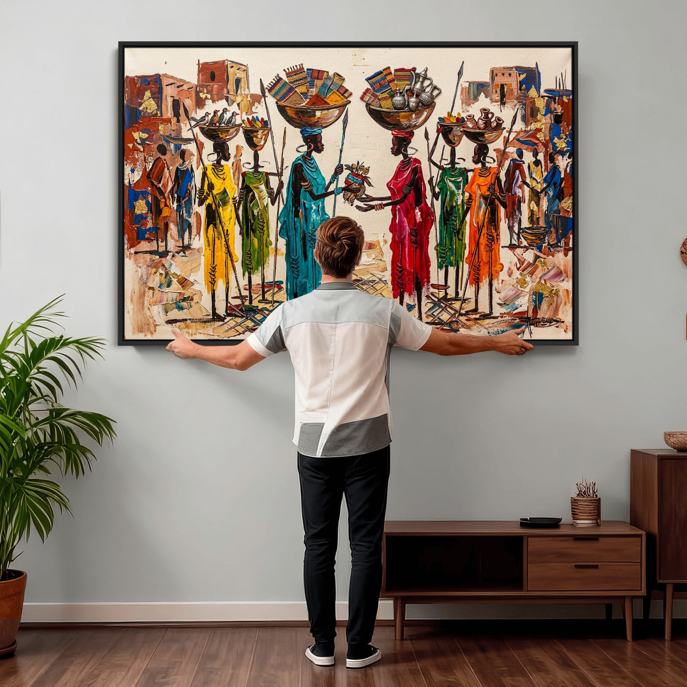 54818657-MGV-CV-36X24 - African Folk Art Canvas Wall Art, Colorful African Women Village Painting Print, Tribal Ethnic Home Decor, Vibrant African Art, Living Room