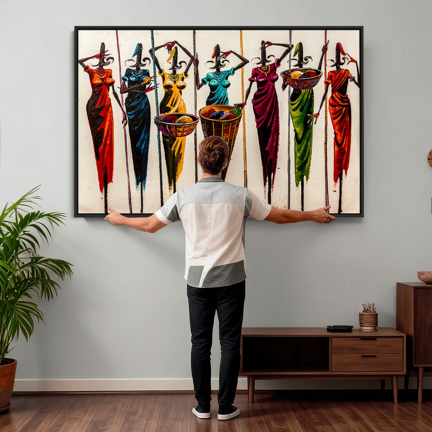 53545627-MGV-CV-36X24 - African Folk Art Canvas Wall Art, Colorful African Women Village Painting Print, Tribal Ethnic Home Decor, Vibrant African Art, Living Room