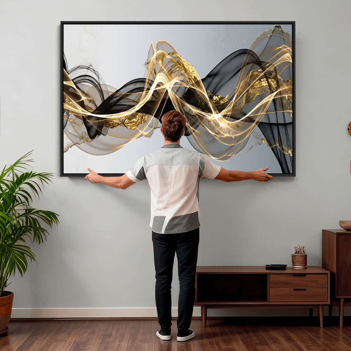 79483321DL-MGV-CV-36X24 - Black and Gold Abstract Wall Art, Modern Wave Canvas Print, Elegant Flowing Smoke Art, Luxury Living Room Decor