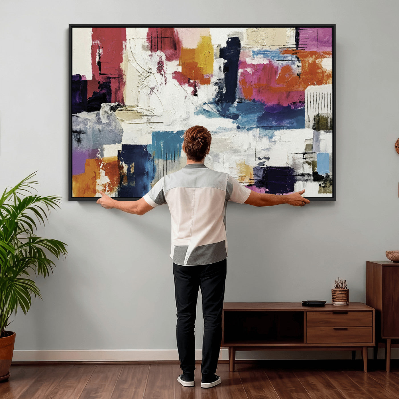 57864023-MGV-CV-36X24 - Blue Teal Abstract Canvas Wall Art, Modern Textured Painting Print, Navy Orange White Contemporary Art, Neutral Living Room Decor, Office Art