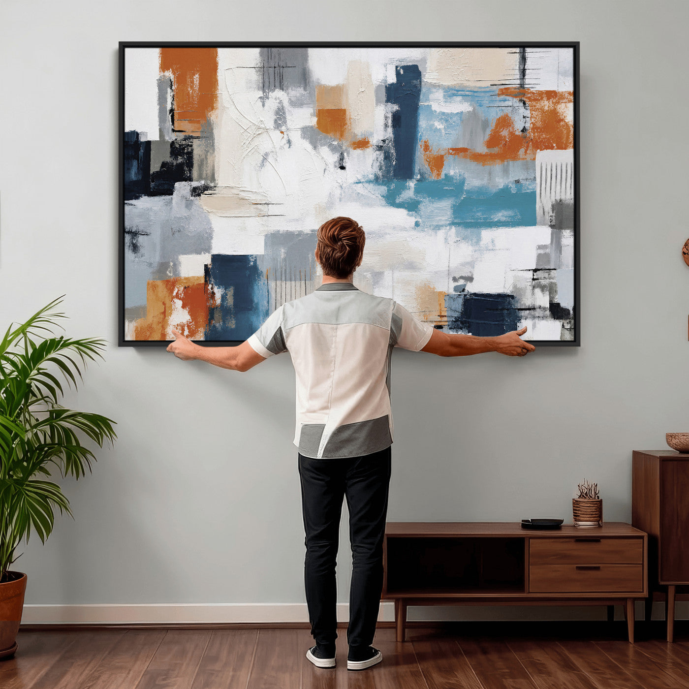 44950303-MGV-CV-36X24 - Blue Teal Abstract Canvas Wall Art, Modern Textured Painting Print, Navy Orange White Contemporary Art, Neutral Living Room Decor, Office Art