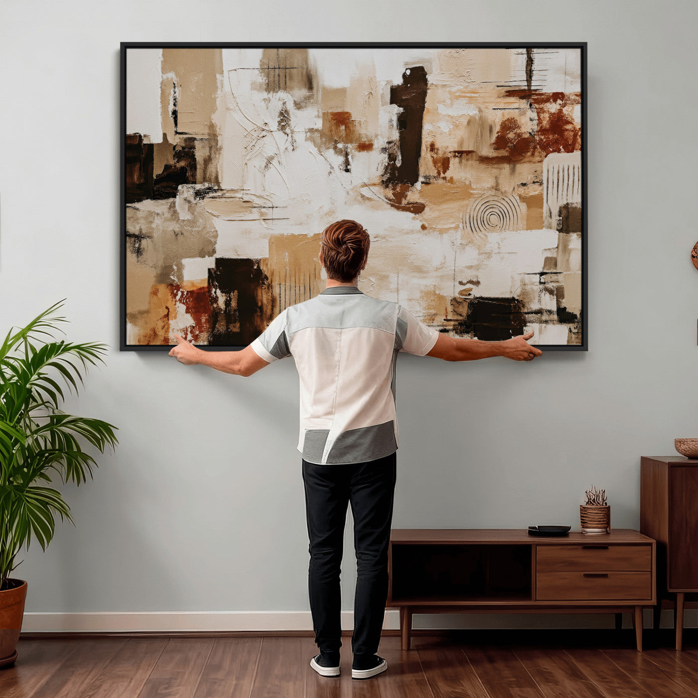 26560159-MGV-CV-36X24 - Blue Teal Abstract Canvas Wall Art, Modern Textured Painting Print, Navy Orange White Contemporary Art, Neutral Living Room Decor, Office Art