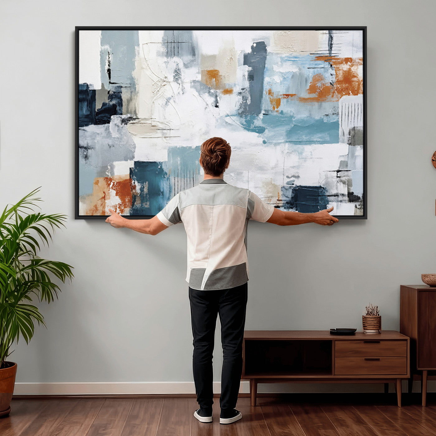 98638479-MGV-CV-36X24 - Blue Teal Abstract Canvas Wall Art, Modern Textured Painting Print, Navy Orange White Contemporary Art, Neutral Living Room Decor, Office Art