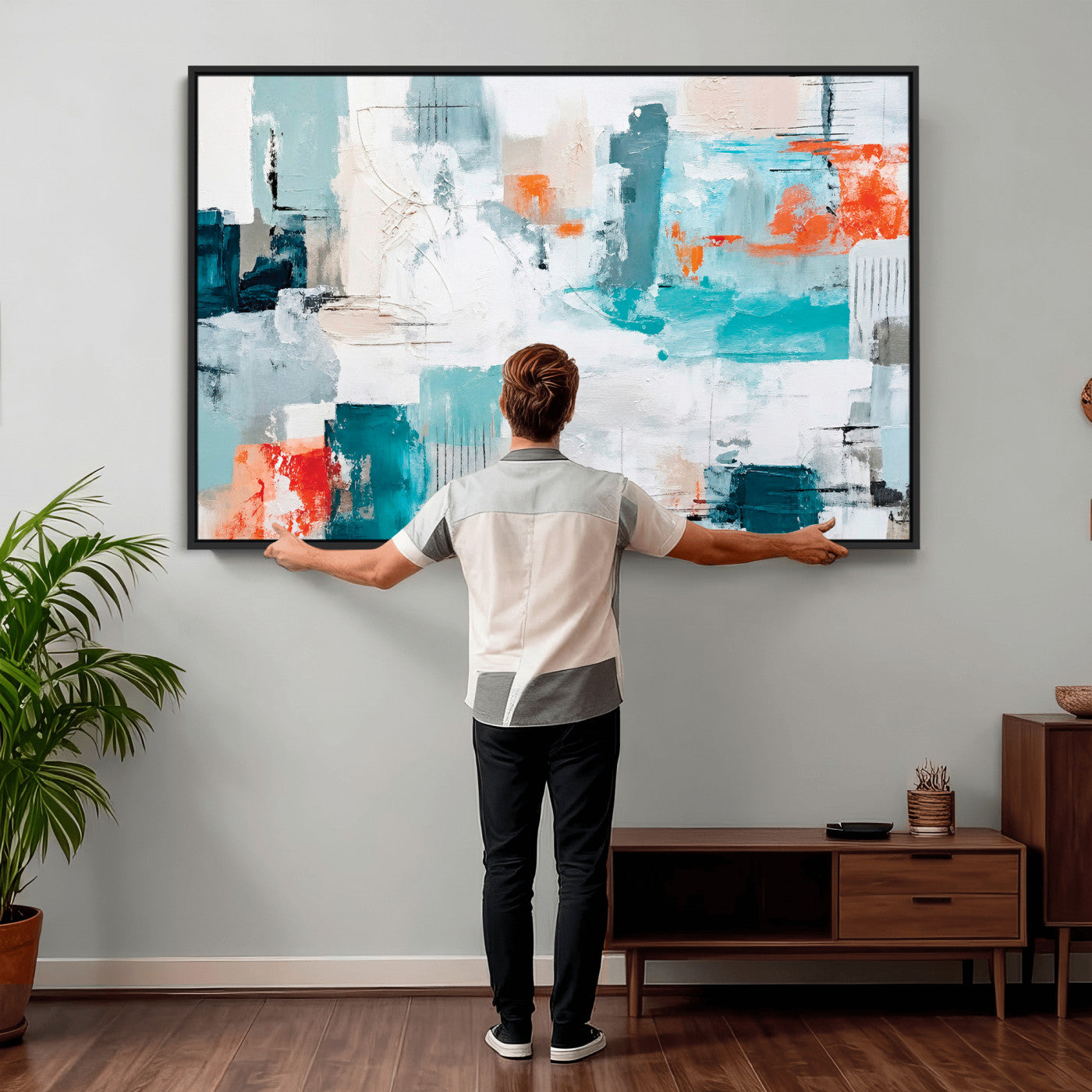 98638479-MGV-CV-36X24 - Blue Teal Abstract Canvas Wall Art | Modern Textured Painting Print, Navy Orange White Contemporary Art, Neutral Living Room Decor, Office Art