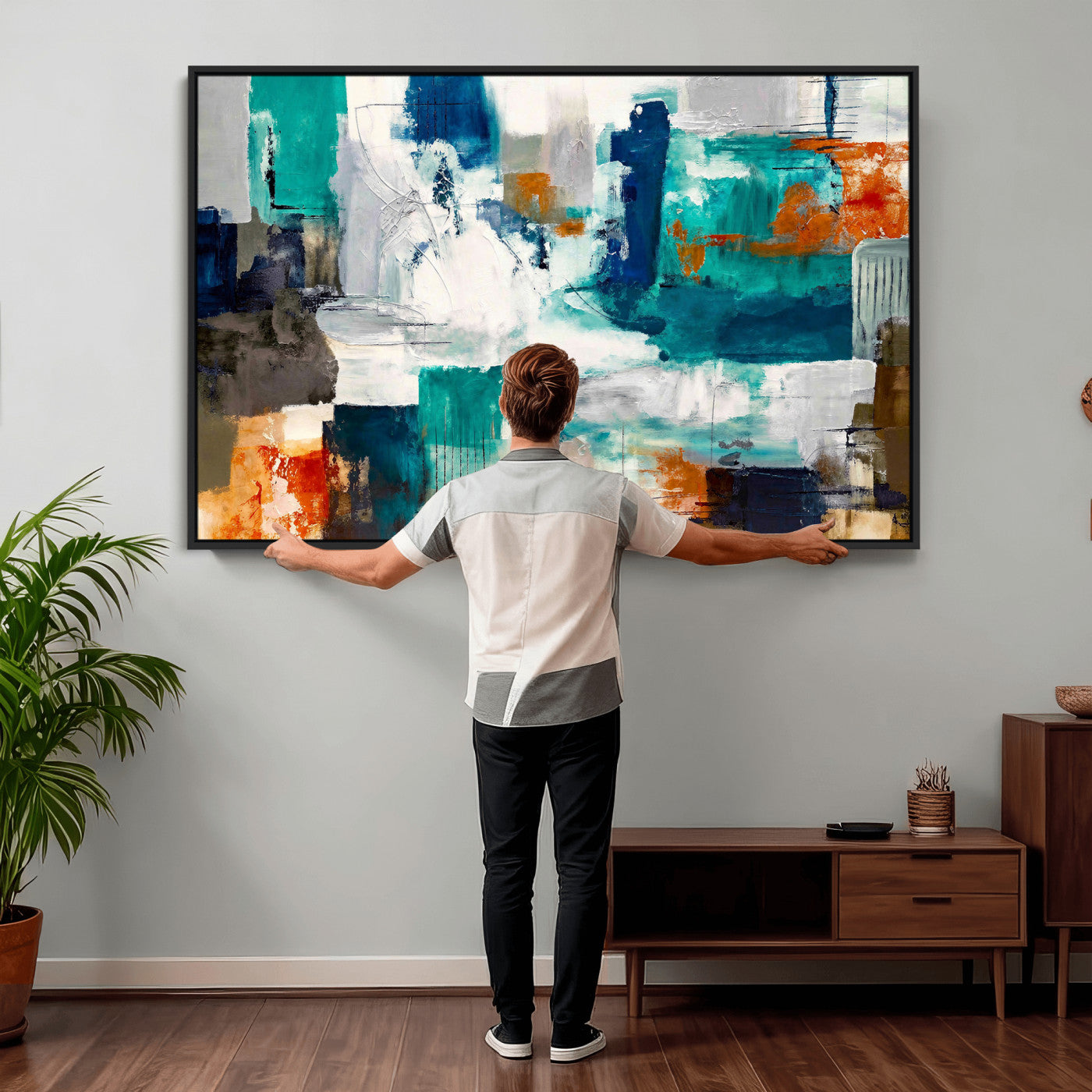 44038089-MGV-CV-36X24 - Blue Teal Abstract Canvas Wall Art, Modern Textured Painting Print, Navy Orange White Contemporary Art, Neutral Living Room Decor, Office Art