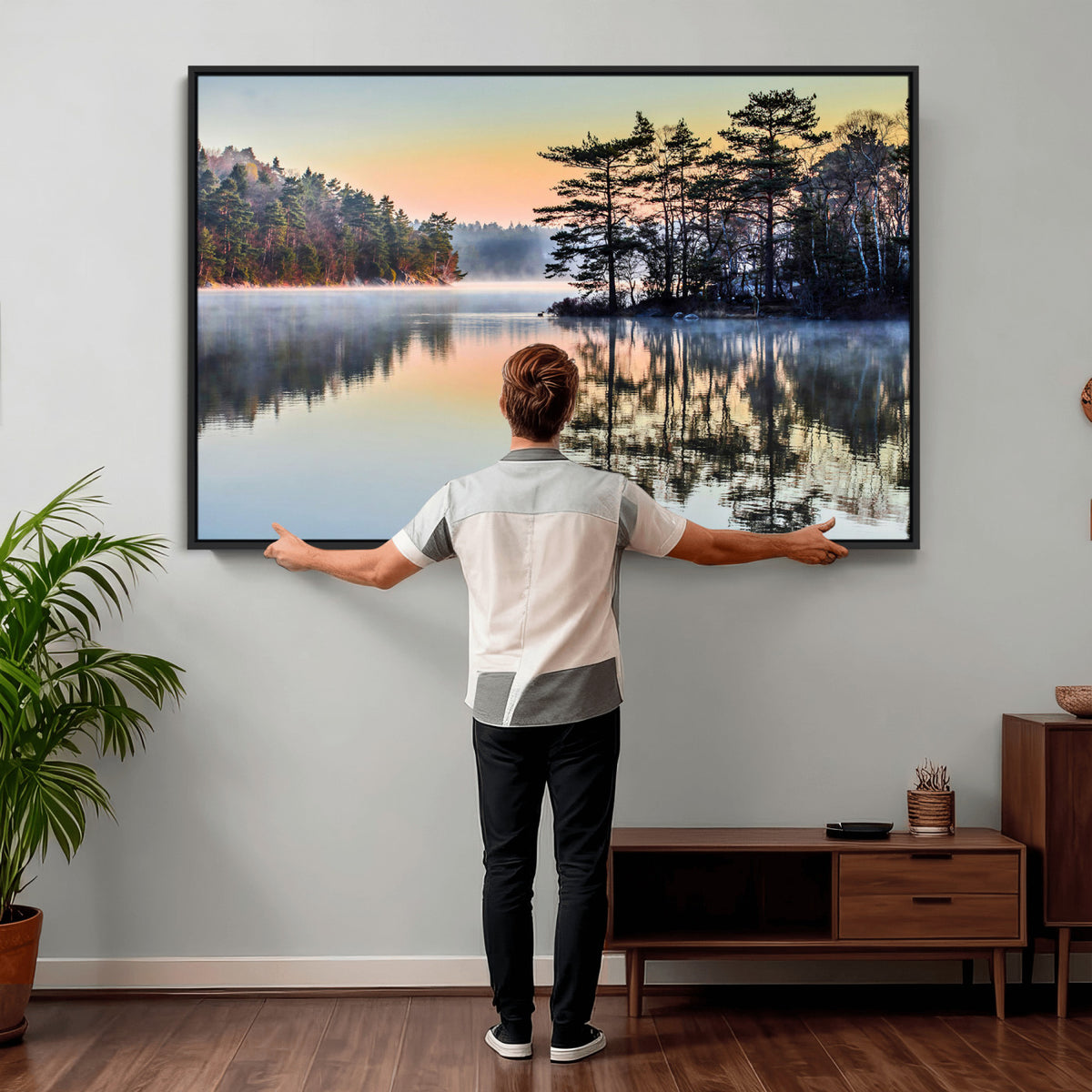34236027-MGV-CV-36X24 - Before People Wake Canvas Wall Art Print, Misty Lake Sunrise Landscape, Forest Reflection Nature Decor, Ready to Hang